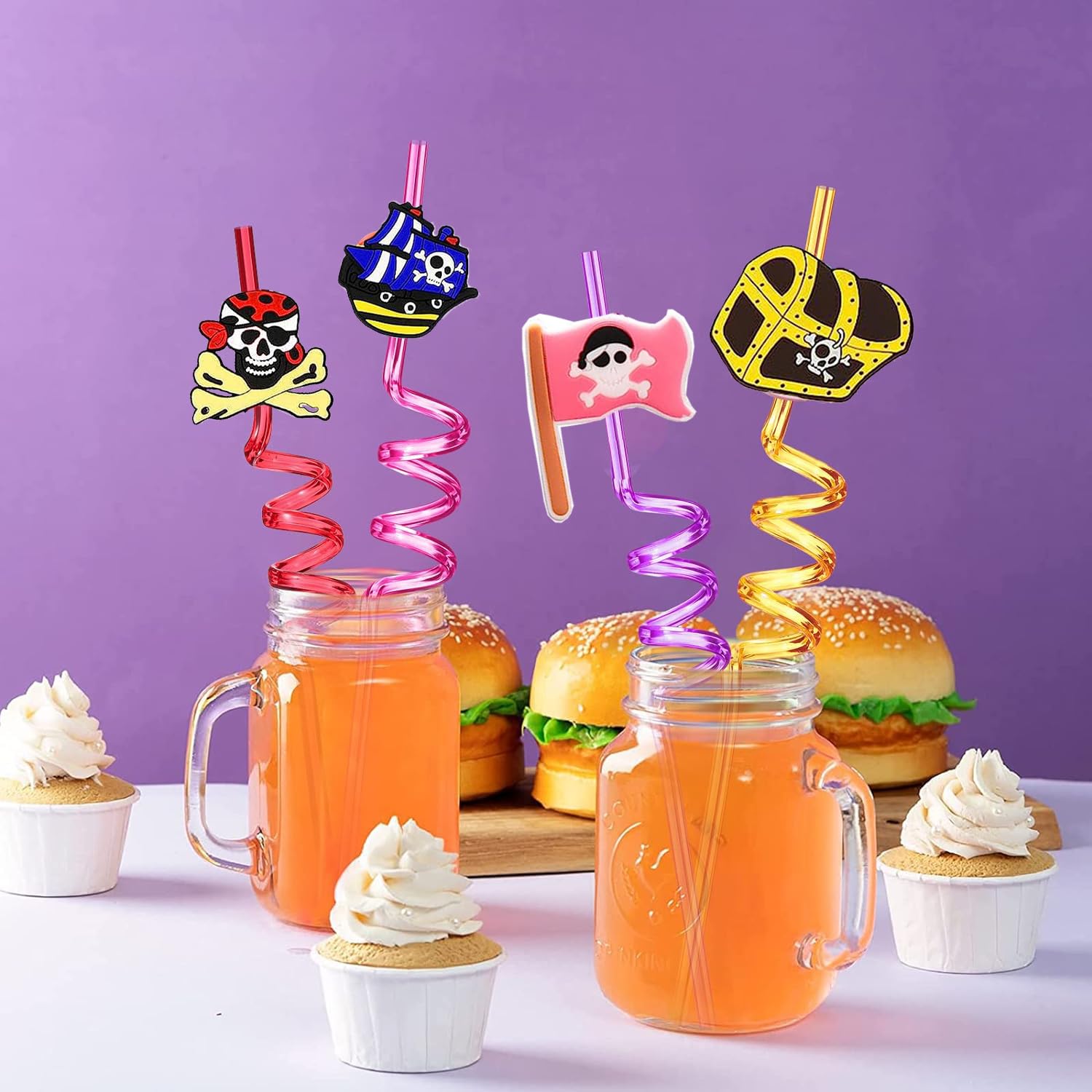 Realure Pack van 16 Piratenrietjes, Nieuwe Feestrietjes, Gekrulde, Herbruikbare Rietjes met Schoonmaakborstels, Drinklusrietjes voor Kinderen, Feestrietjes voor Kinderverjaardagsdecoratie