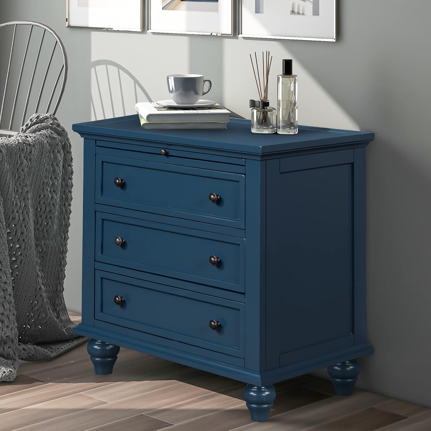 Nightstand with 3 Drawers, Wood Bedside Tables, Bed Side Table & Night Stand End Table with Storage, Blue Nightstand for Bedroom, Living Room, Blue