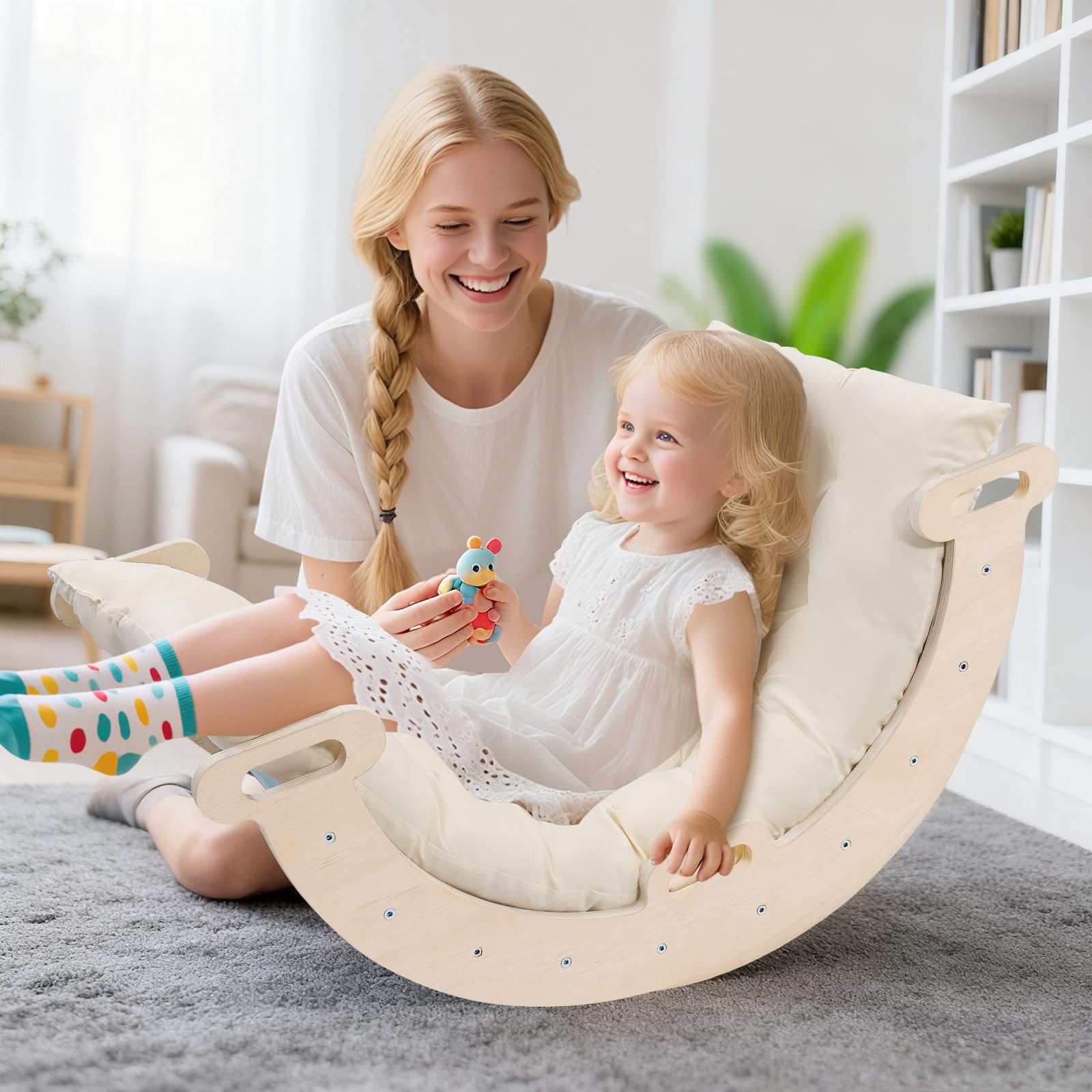 nmoiww Struttura da Arrampicata per Bambini 3 in 1, Scala da Arrampicata in Legno per Bambini con Cuscino Accogliente, Palestra da Gioco Montessori per Interni (Blu-2 in 1)
