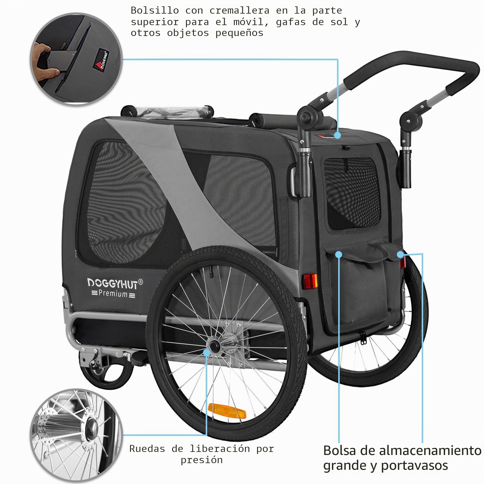 TIGGO DOGGYHUT® 80105 Premium Large 2 en 1 Remolque de bicicleta para perros y corredores de hasta 35 kg para perros medianos y grandes