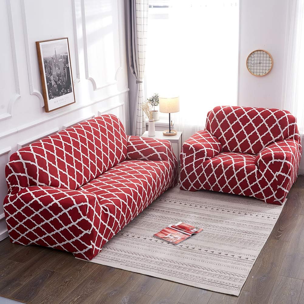 MIFXIN Stretch Sofa Cover 1 Piece Spandex Polyester Slipcover Sofa Couch Furniture Protector with 1 Pcs Pillow Cover for Dogs Cats Kids Living Room Decor (Grid Red, 1-Seater Chair)