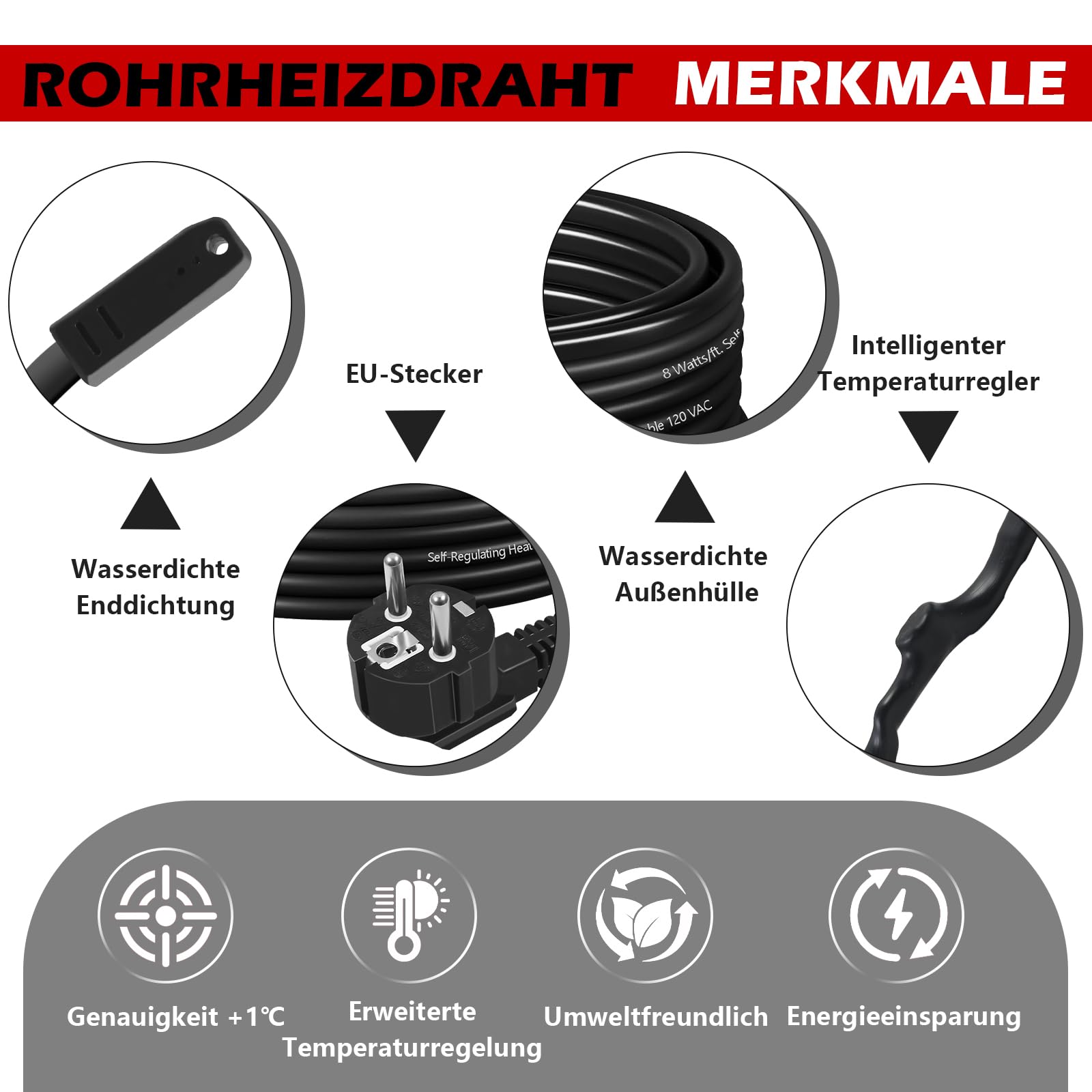 Selbstregulierendes Rohrbegleitheizung mit Thermostat, Frostschutz Heizkabel, Begleitheizung Wasserleitung, Heating Cable für Frostschutz für Wasserleitungen oder Pflanzen 12m