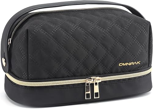 Omnpak Bolsa de maquillaje de viaje, bolsa de cosméticos, bolsa de cosméticos de doble capa con organizador de brochas de maquillaje, bolsa de