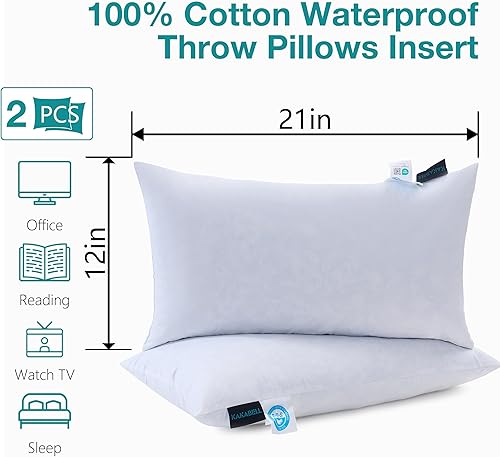Miniatura 2 de KAKABELL Juego de 2 rellenos de almohada impermeables de 12 x 21 pulgadas, rellenos de plumas para sofá con funda de algodón 100 % algodón,