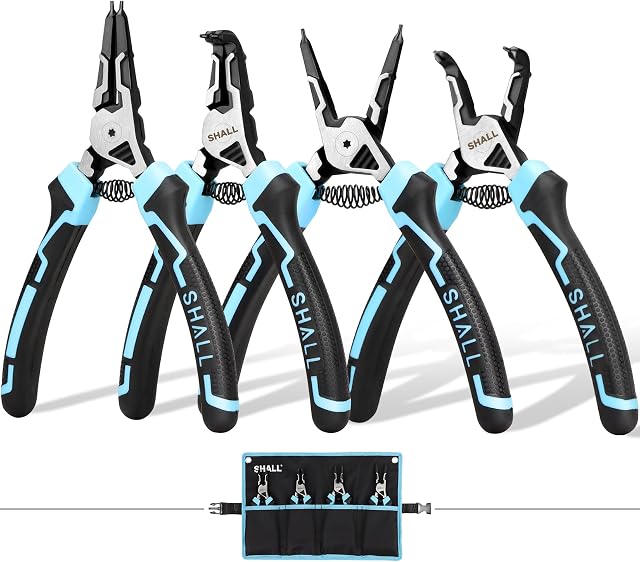 SHALL Snap Ring Pliers Set, 4-Piece Heavy Duty 7" Snap Ring Pliers, Snap Ring Pliers with 5/64" Tip, Inverted Ring Remover Bracket Pliers with Portable Case