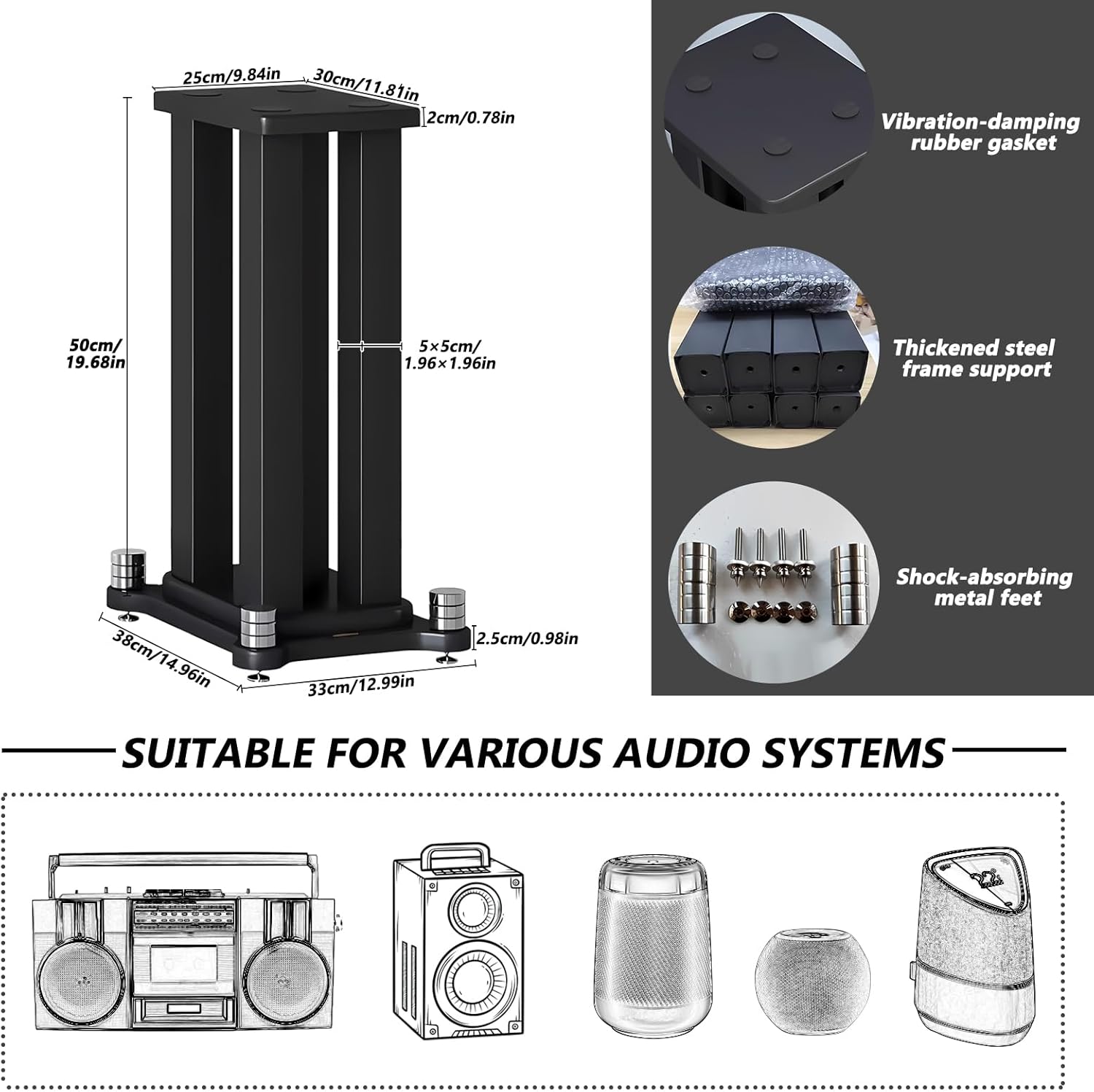A Pair of Speaker Stands, Bookshelf Speaker Stand Steel Frame Support for Speakers up to 40 kg, Vibration-Absorbing MDF Design, Studio Monitor Stands Improves Sound Quality (80cm/31.4in)