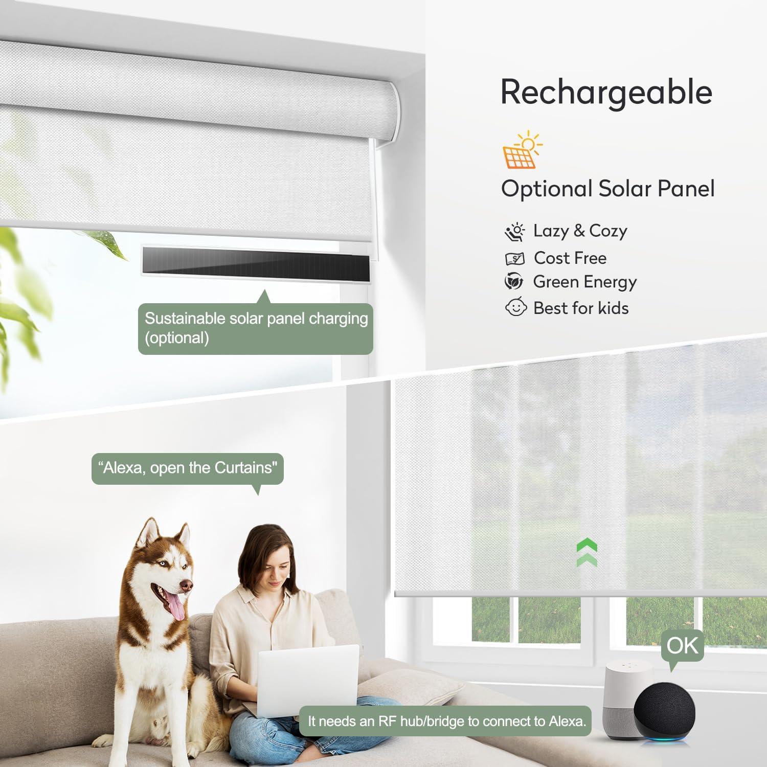 ZSHINE Rechargeable Version Motorized Roller Shades Customized Size Solar Shades Light Filtering Sunshine Fabric for Office Home Villa (82006A White)