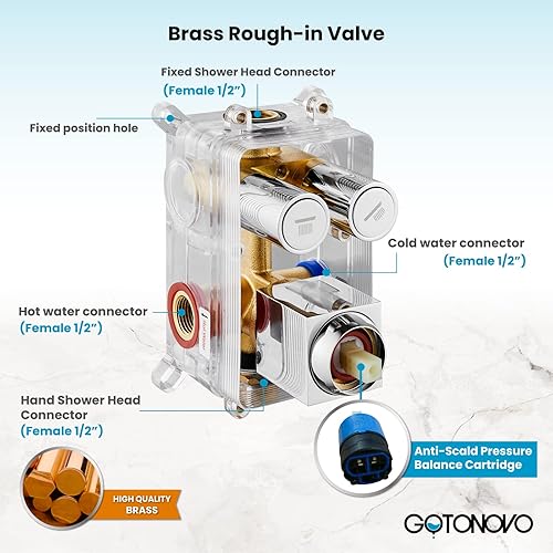 Miniatura 5 de gotonovo Sistema de ducha de lluvia con botón pulsador, cabezal de ducha de mano con ducha de mano, válvula de equilibrio de presión incluida de
