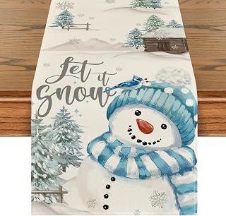 Artoid Mode Xmas Trees Let It Snow Blue Snowman Christmas Table Runner, Seasonal Winter Holiday Kitchen Dining Table Decoration for Home Party Decor 13x72 Inch