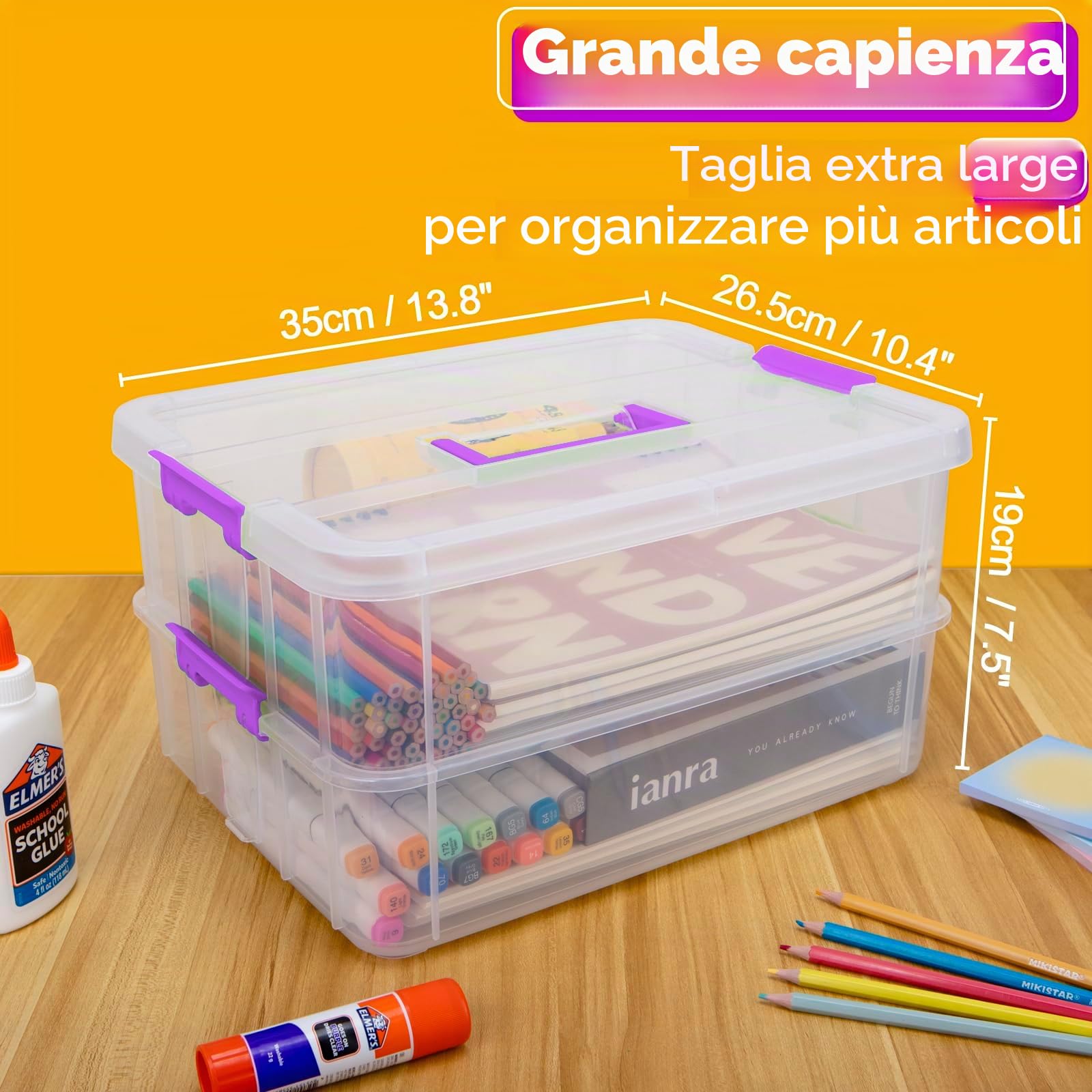 Creahaus Contenitori in plastica a 2 strati con coperchi, scatola di archiviazione multiuso per impilamento e trasporto trasparente, organizer portatile per artigianato e contenitori di archiviazione