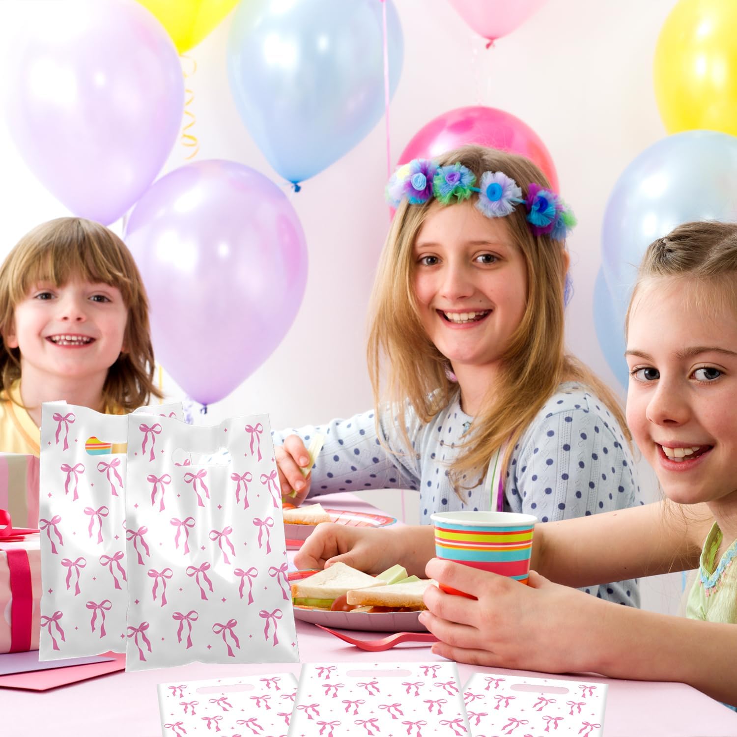 YYMYMGJ 50 PCS Pink Bow Party Gift Bags Coquette Bow Party Favors Bags Waterproof Plastic Goodie Bags for Pink Coquette Bow Birthday Decorations Supplies - Image 5