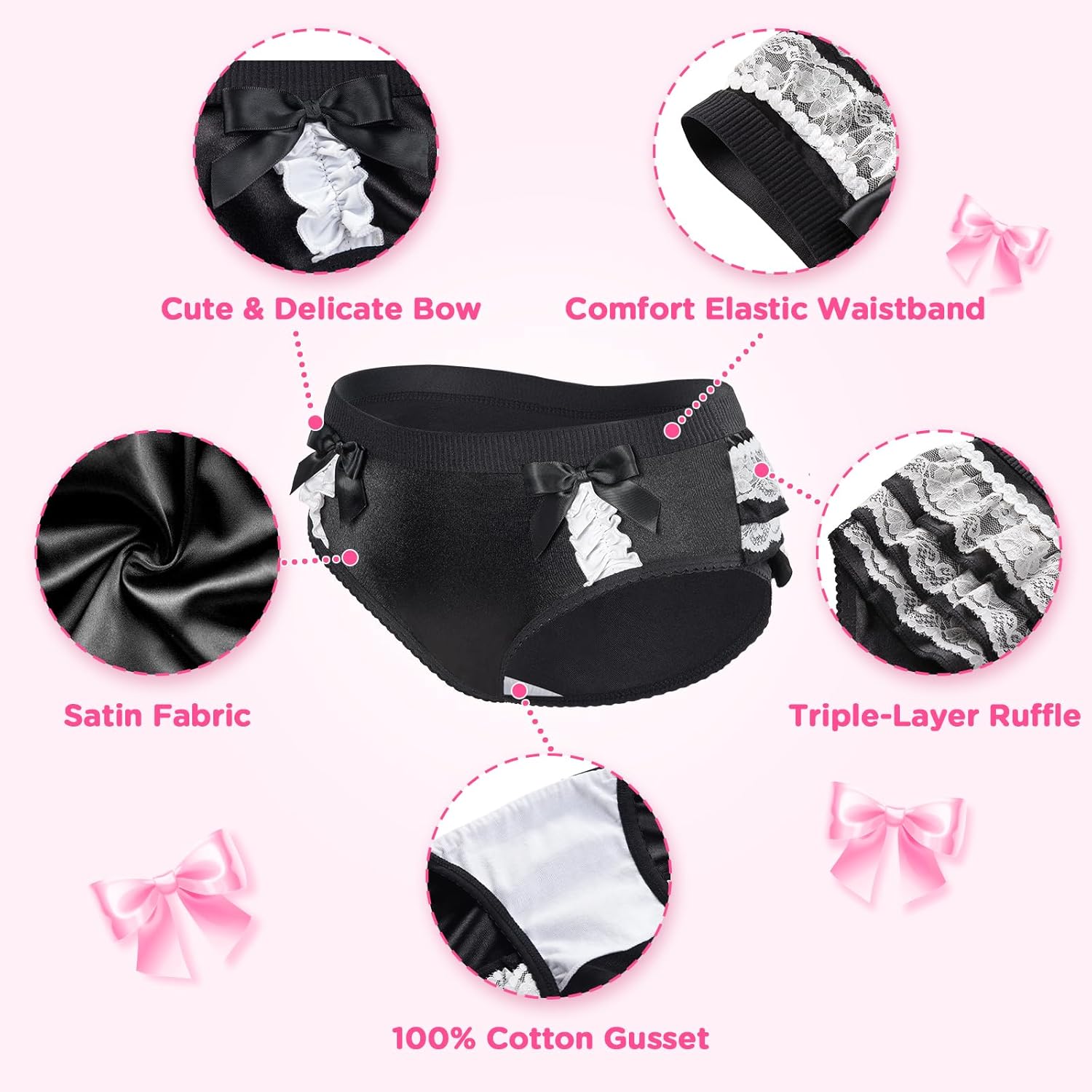 Littleforbig Women's Ladies Soft Underwear Comfortable Hipster Briefs Pretty Satin Over Ruffled Lace Bow Panties - Image 4