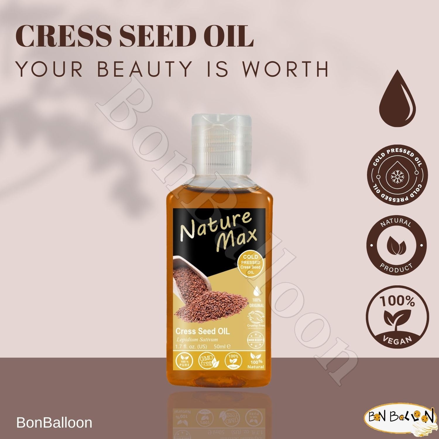 Nature Max Cresses Cress Oil Essential Oils Natural Undiluted Pure For Hair And Skin Care Cold Pressed Premium (1Pack = 1.70 oz / 50 ml) زيت حب الرشاد