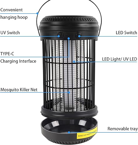 Miniatura 3 de Lulu Home Exterminador solar de insectos, 1400 V eléctrico de alto voltaje con 3 modos de iluminación, cable tipo C cargado impermeable trampa para