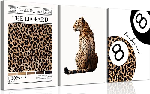Juego de 3 pósteres de lienzo de leopardo de moda con 8 bolas de la suerte, impresiones estéticas de guepardo para decoración de pared de habitación disponible en Yaxa Colombia