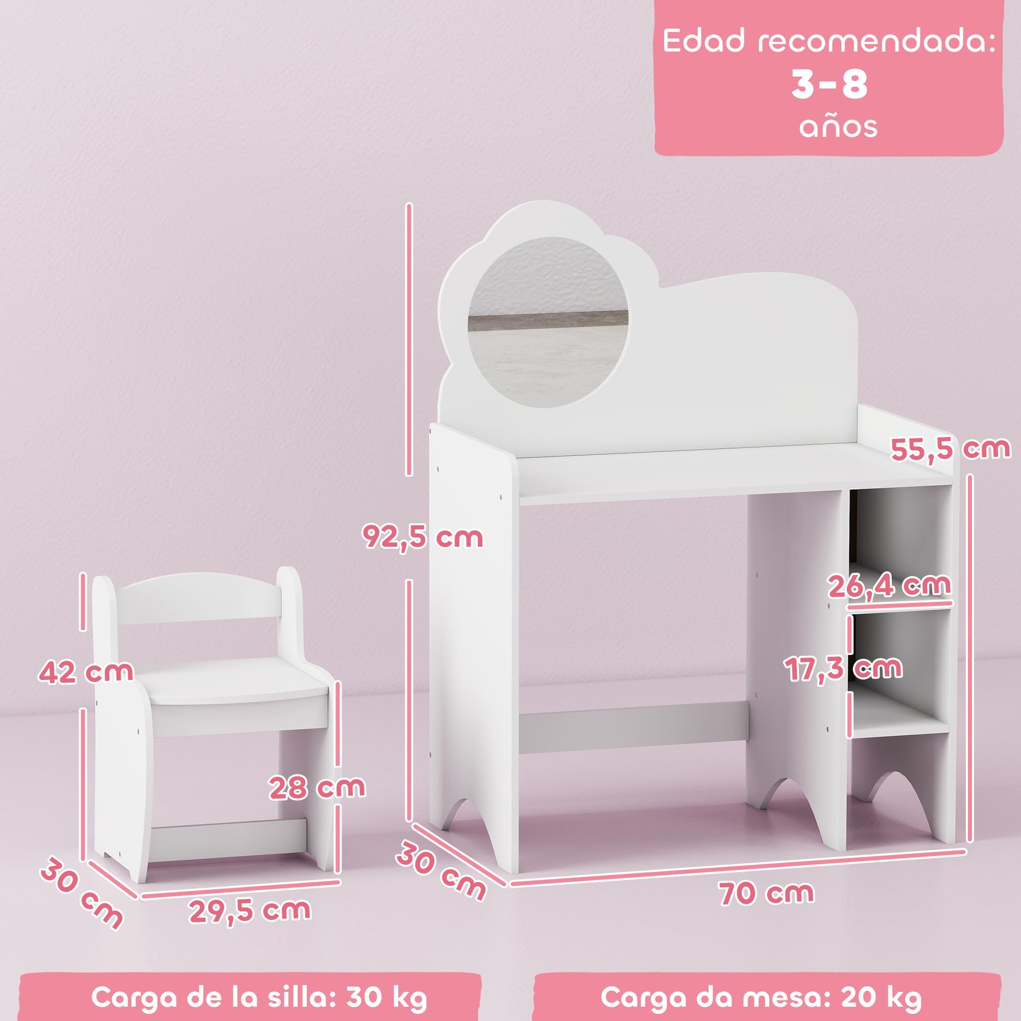 AIYAPLAY Tocador de Maquillaje Niña, 2 en 1, Escritorio, Tocador Infantil con Taburete, Espejo en Forma de Flor, Estantes Abiertos, para Niños +3 Años, Blanco