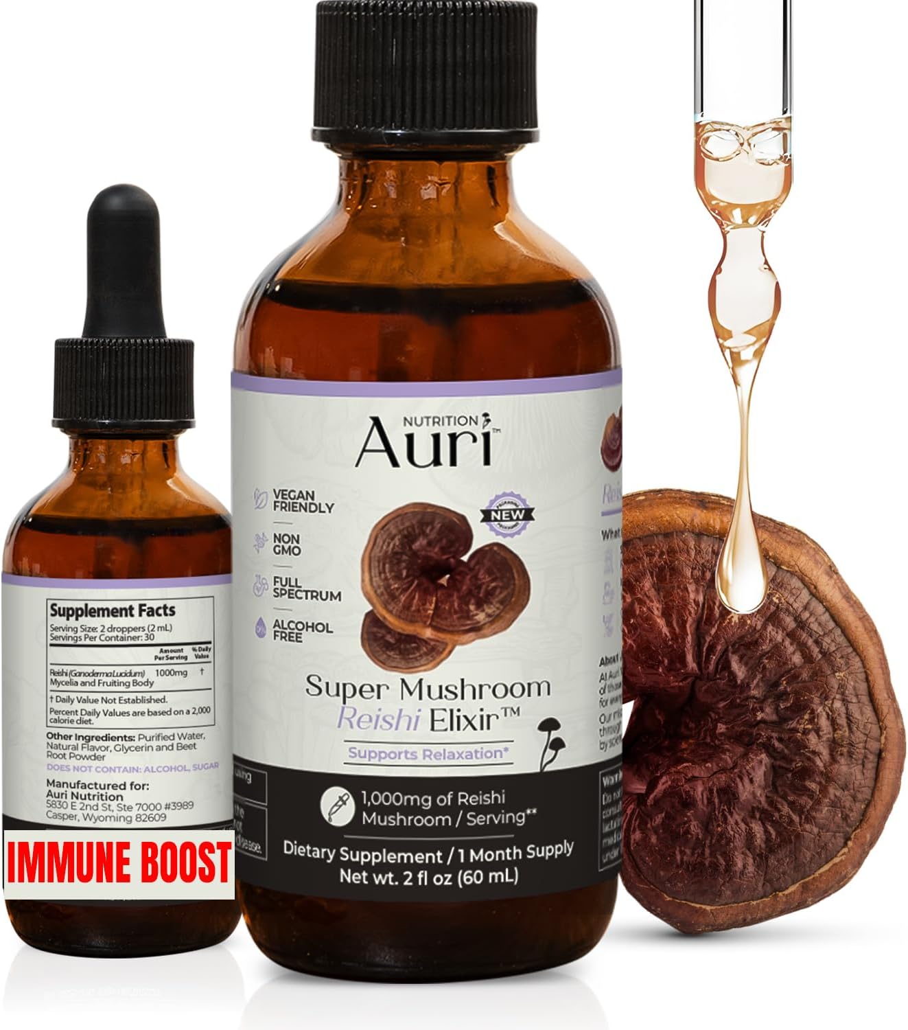 Auri Nutrition Reishi Super Mushroom Elixir - Immune Booster and Stress Support Supplement to Achieve Deeper Sleep - Reishi Tincture 60ml