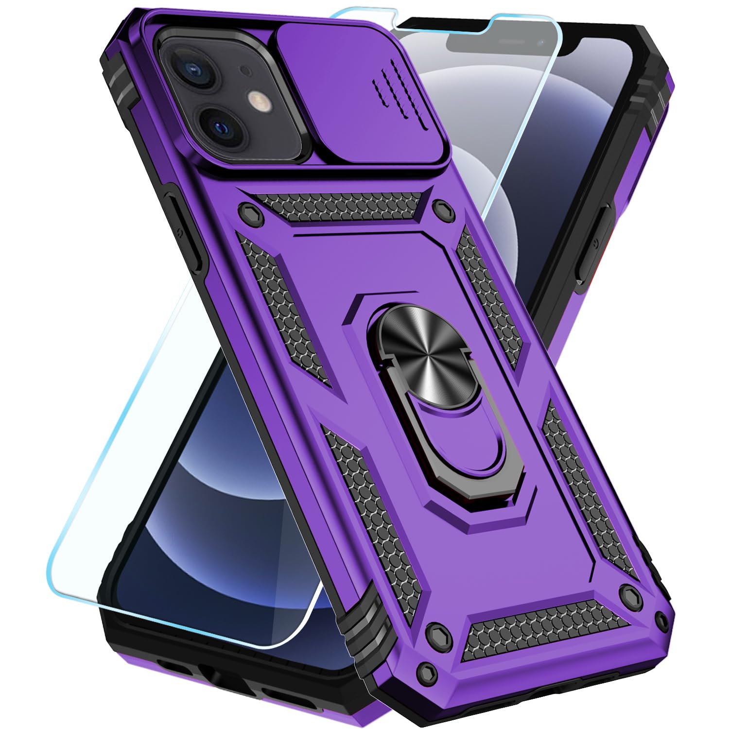 SunStory Compatible with iPhone 12/12 Pro Case with HD Screen Protector & Slide Camera Cover & Rotated Ring Kickstand,[Military-Grade] Phone Case (