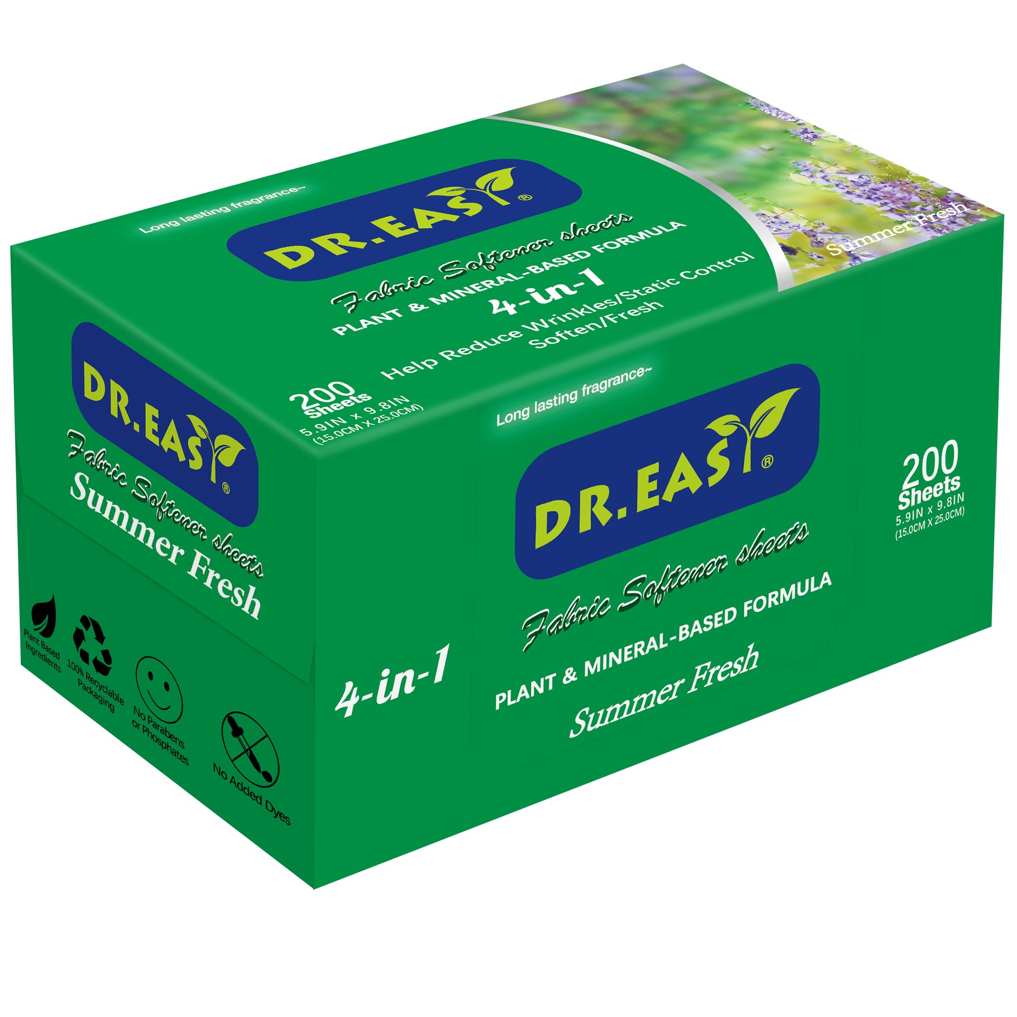 DR.EASY SUMMER FRESH Dryer Sheets Plant Based Formula 200 Ct Fabric Softener sheets for Laundry Essential Oil Scented No Artificial Fragrances No Dyes Reduce Static & Wrinkles Help Repel Pet Hair