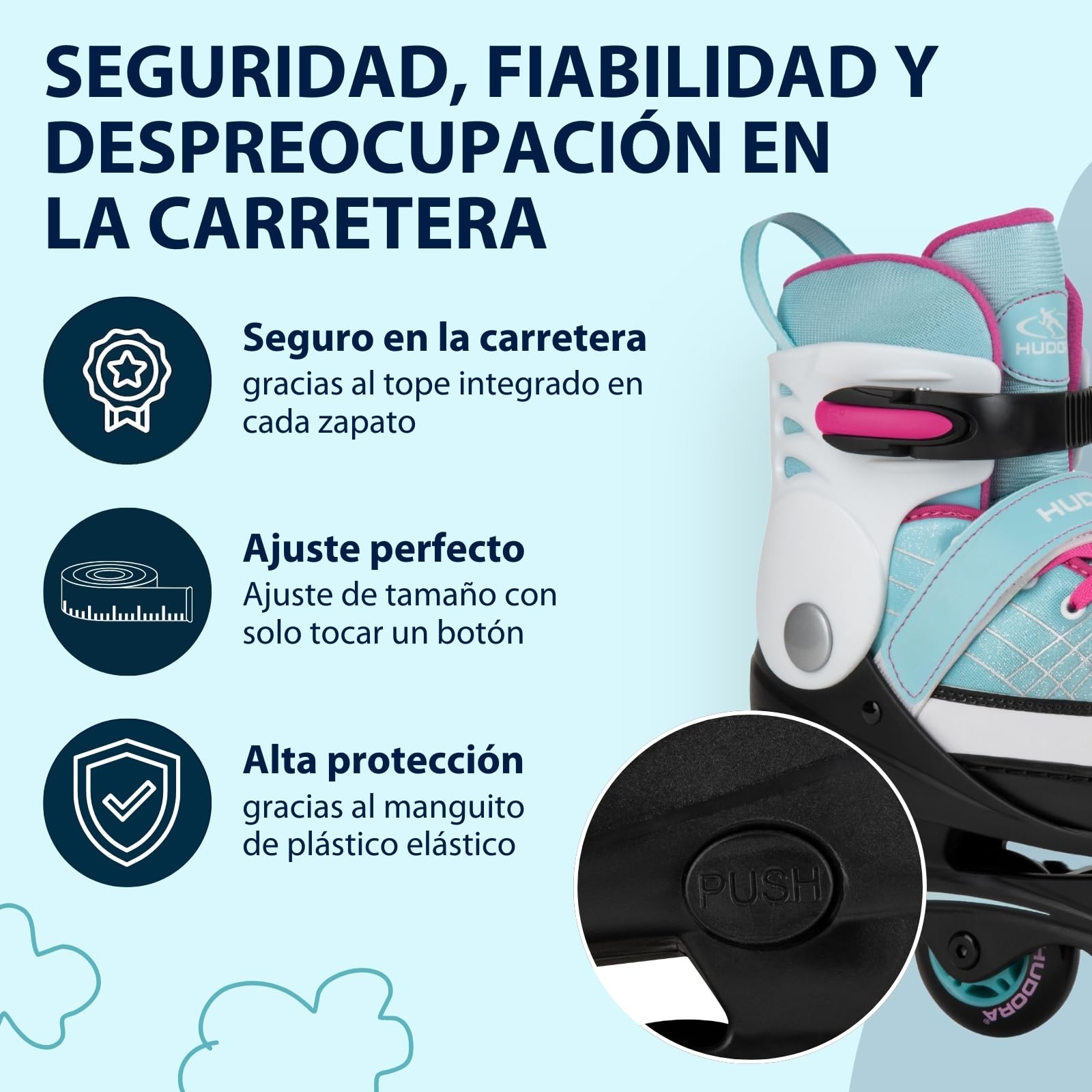 HUDORA Kids Inline Skates Basic | Patines en línea para niñas y niños, Ajustables en 4 Tallas | Fácil Entrada Gracias a la Correa de Potencia y la Hebilla de Cierre a presión