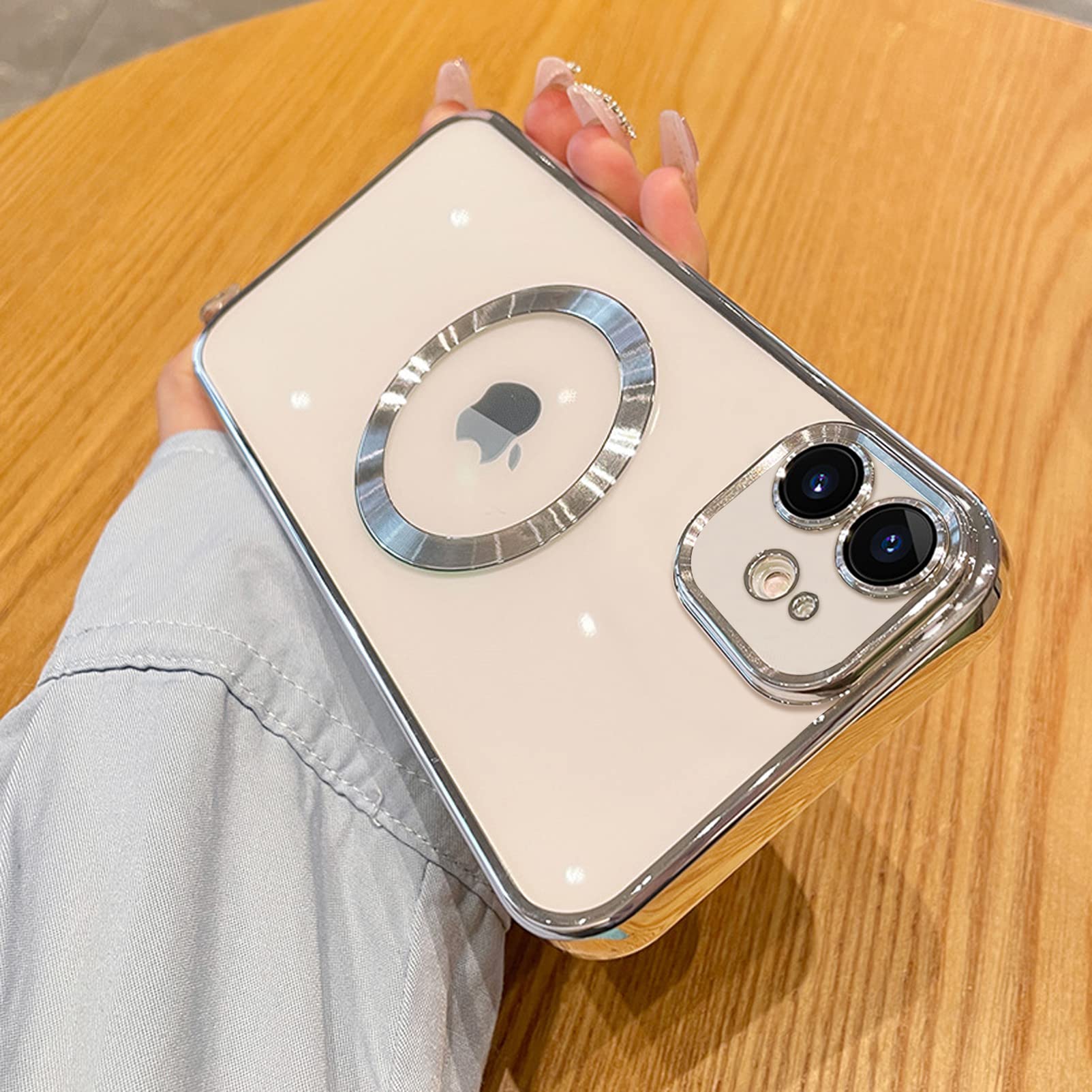 Uioeua Compatible with iPhone 12 Magnetic Clear Case,Luxury Plating Bling Transparent Shockproof MagSafe Case with Full Camera Lens Protector for iPhone 12 Women Girl Men-Elegant Silver