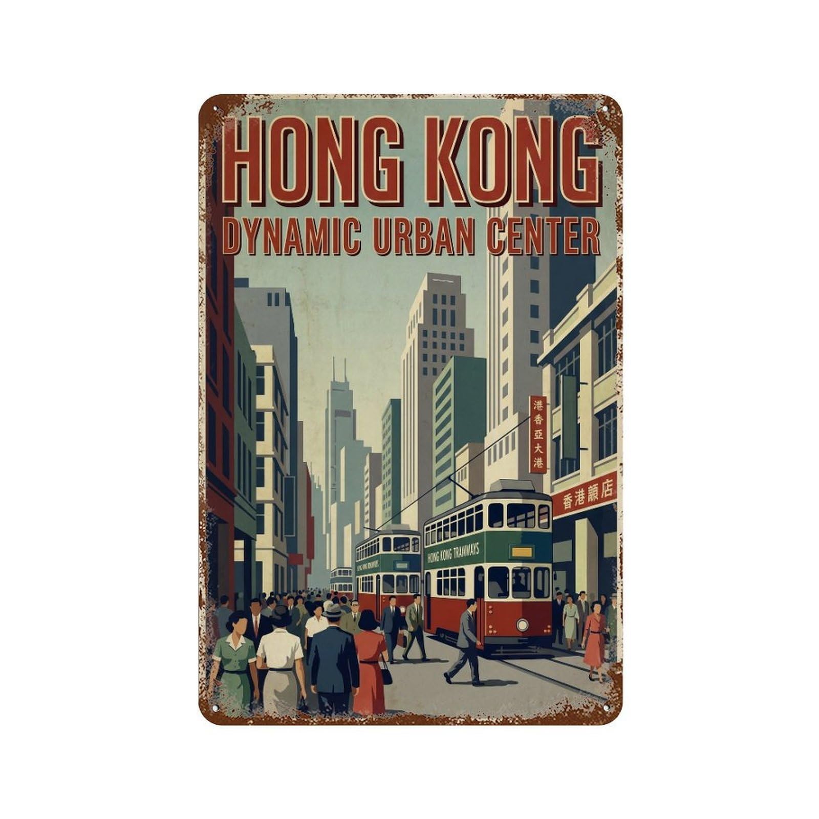 Metal Tin Sign Vintage Travel Hong Kong Downtown