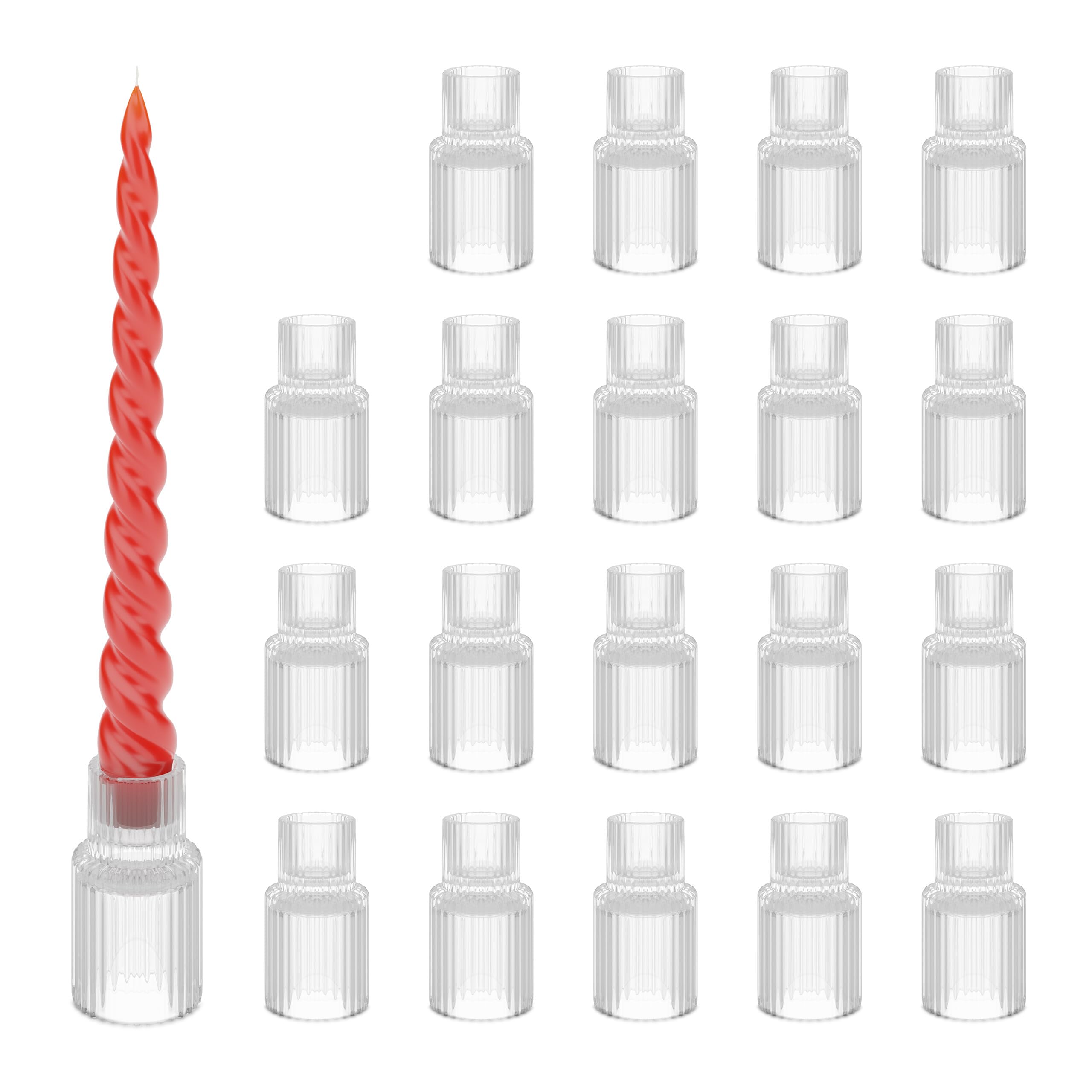 Relaxdays Fluted Candlesticks, Set of 20, Holders for Stick Candles, HxD: 7 x 4 cm, Glass, Round Design, Transparent