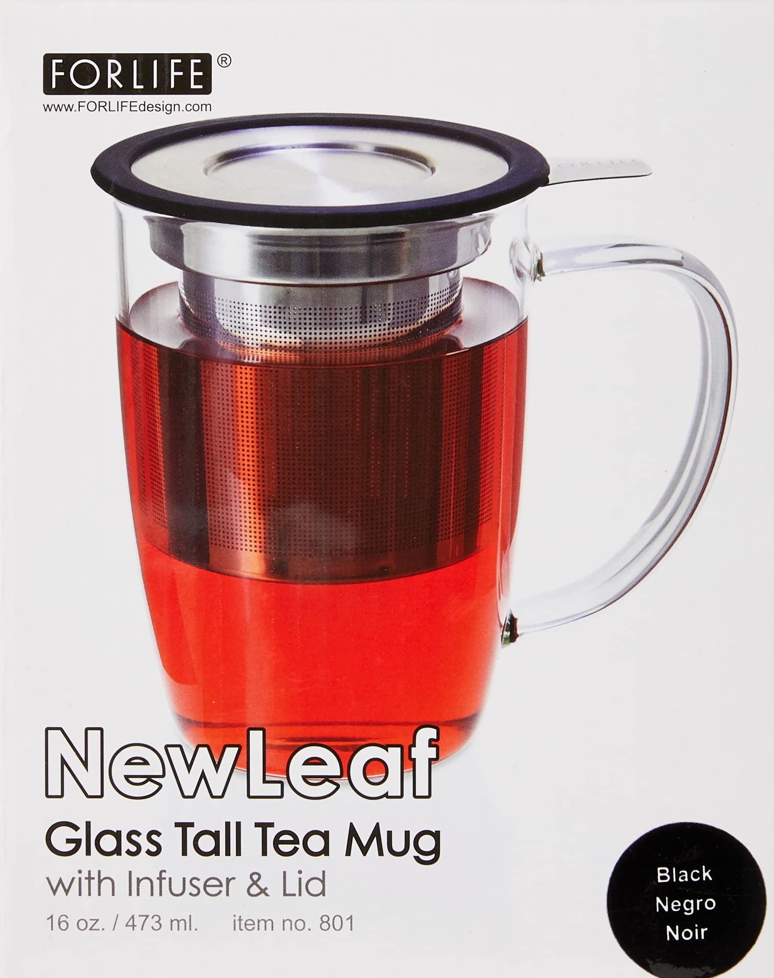 Tea People FORLIFE FNG-BLK NewLeaf Teebecher aus Glas mit Teesieb und Deckel, Schwarz