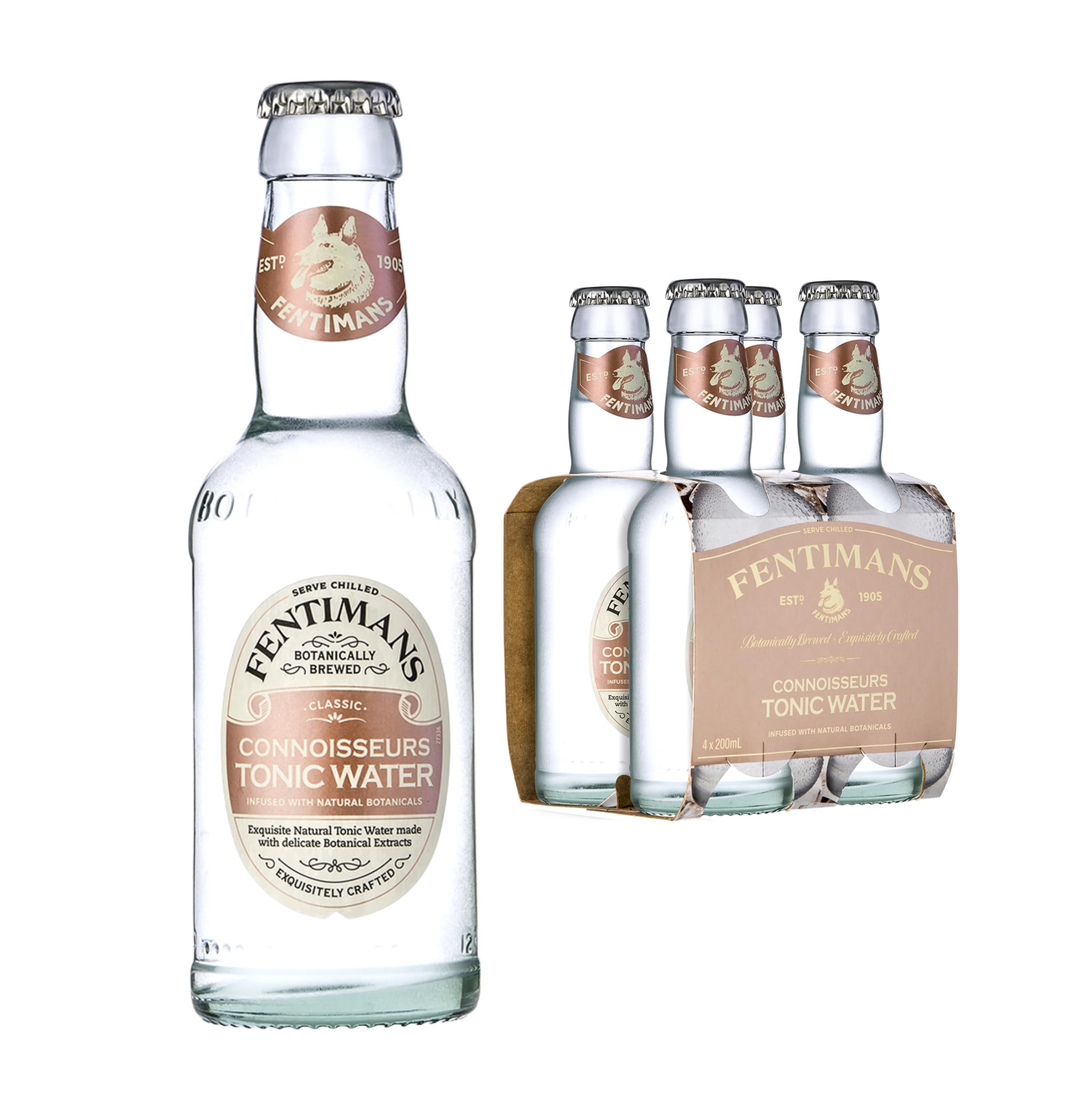 Fentimans Connoisseurs Tonic Water - Botanically Brewed Water - Infused with Natural Botanicals and Quinine - Low Calorie, Gluten Free and Vegan Friendly Soft Drinks - 4 x 200 ml