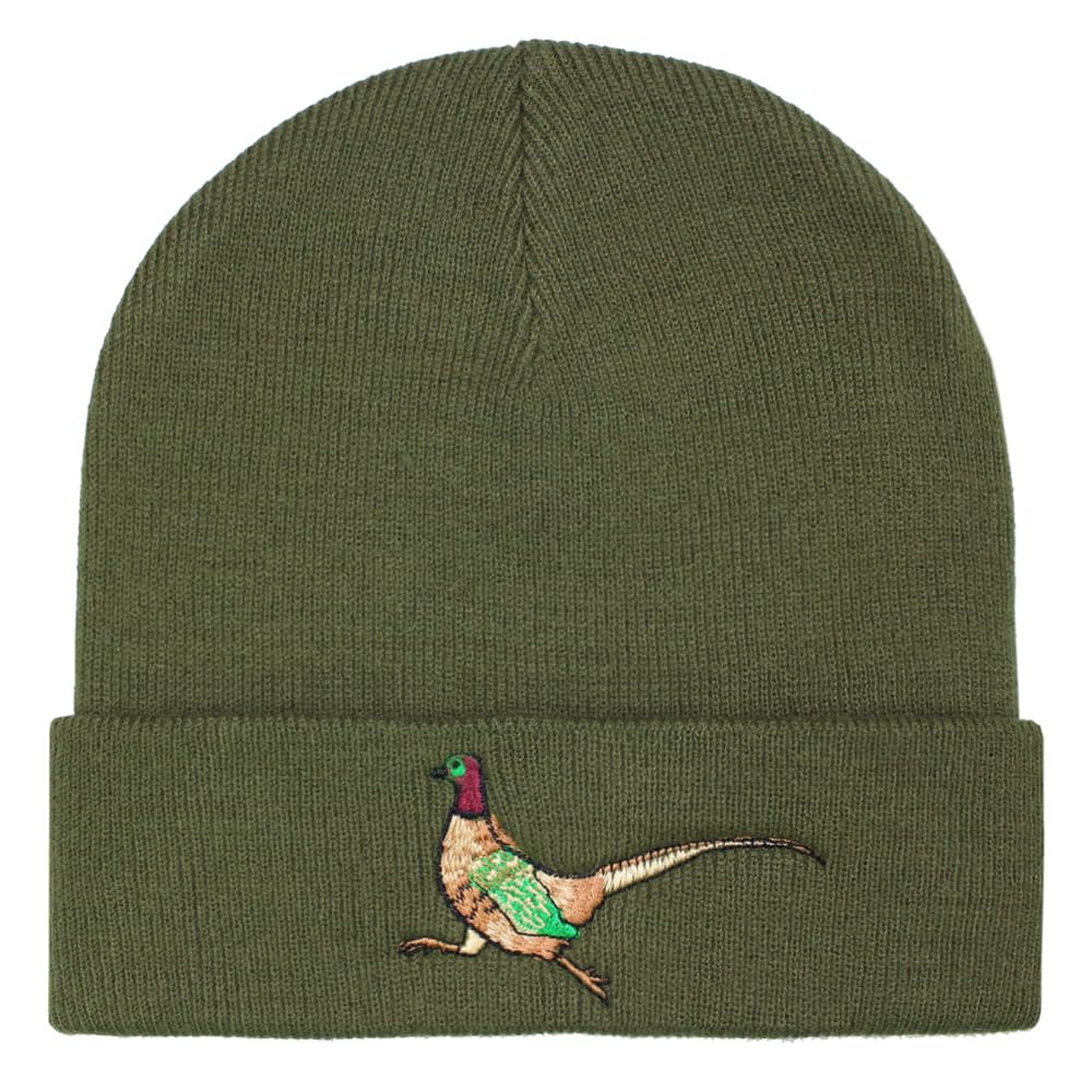 Teddyt's Men's Khaki Green Pheasant Embroidered Luxury Soft Rib Beanie Hat (Khaki Green)