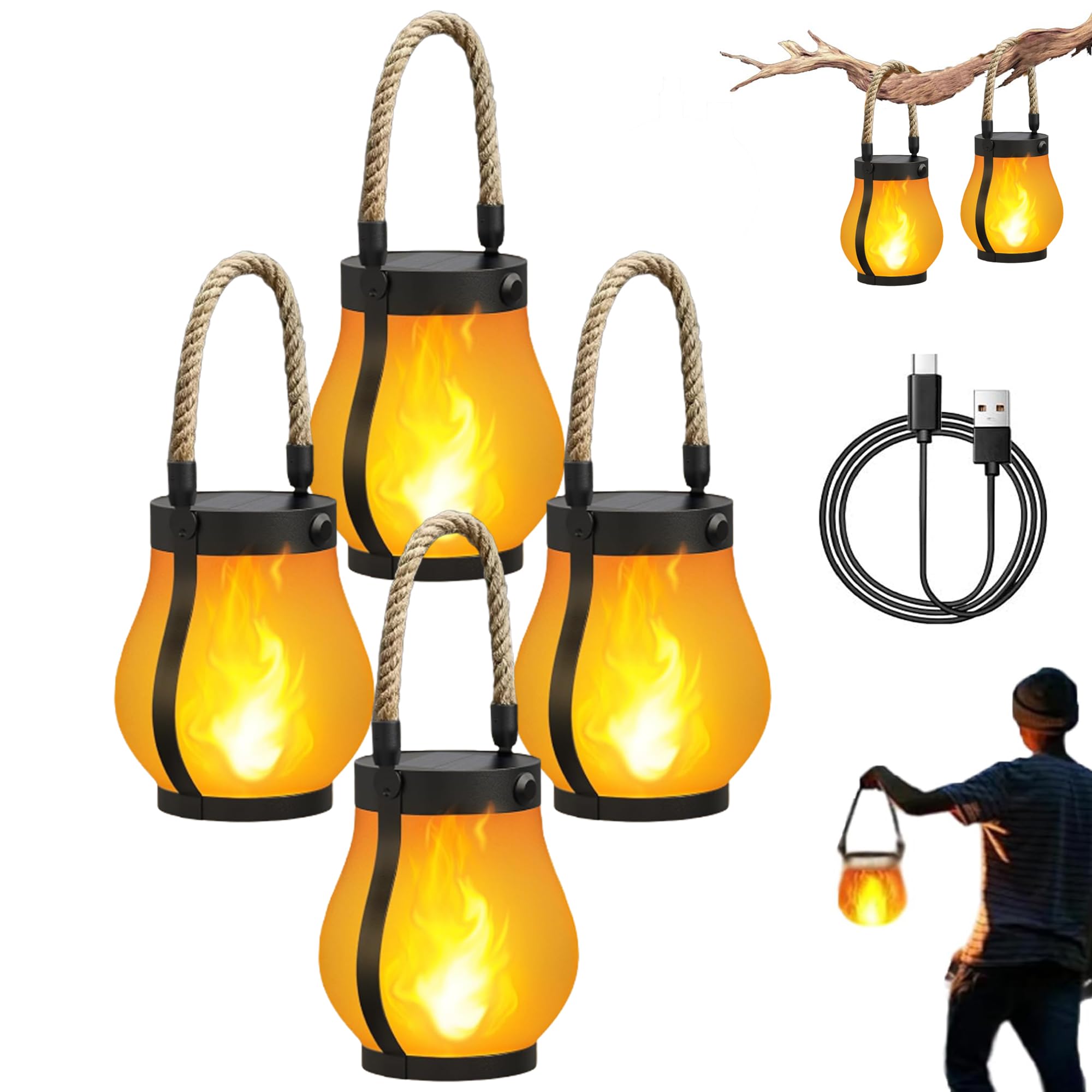 Lysliv Solar Lantern Outdoor Lights Waterproof, Dancing Flame Solar Lantern Outdoor Lights, Kaligo Hemp Rope Hanging Flame Lanterns for Garden Yard Decorations (4 Pcs)