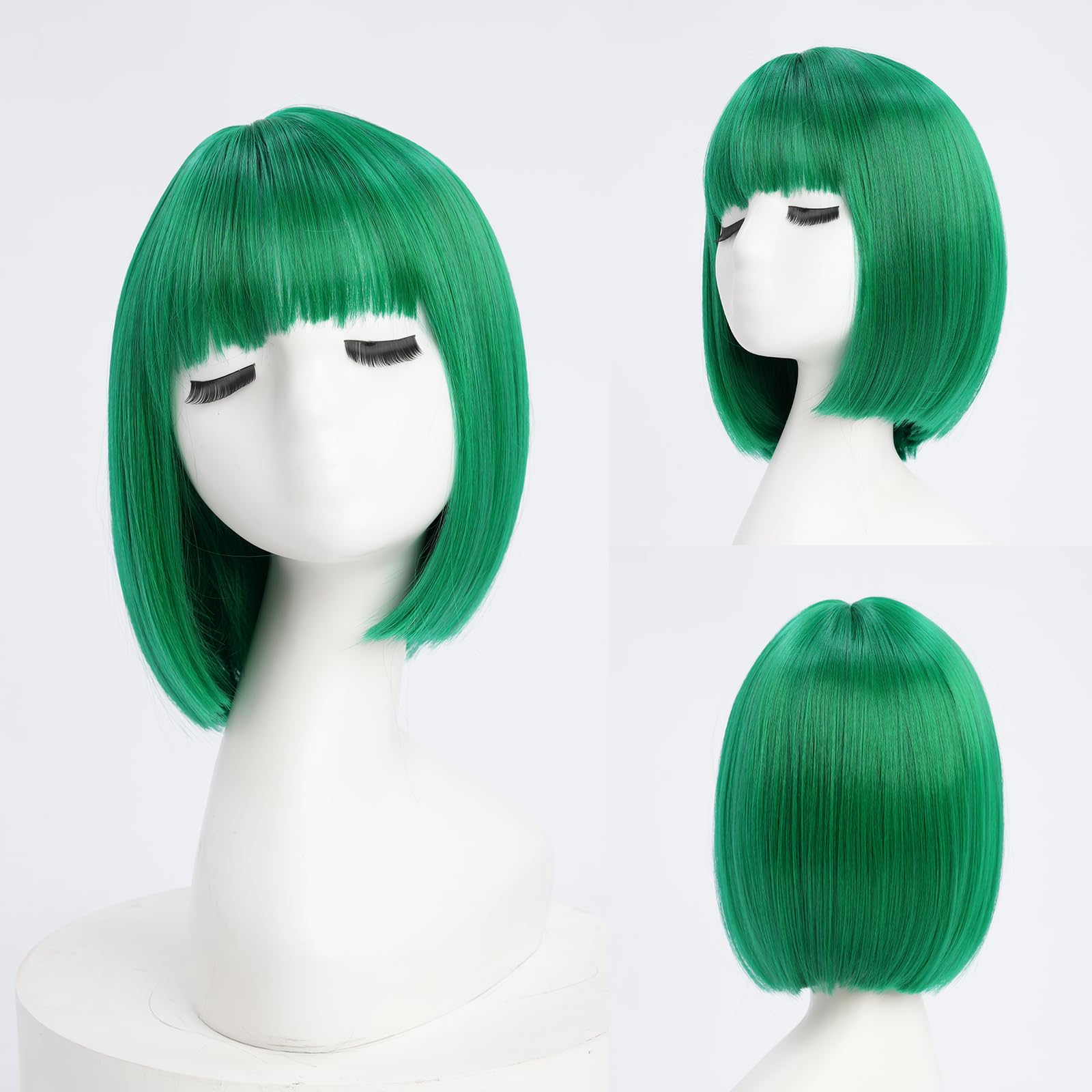 YaissmyLu Short Green Bob Wig with Bangs Straight Bob Wigs for Women Natural Looking Green Synthetic Hair Heat Resistant Fiber Colorful Wig for Costume Cosplay Party(10 inch) - Image 2