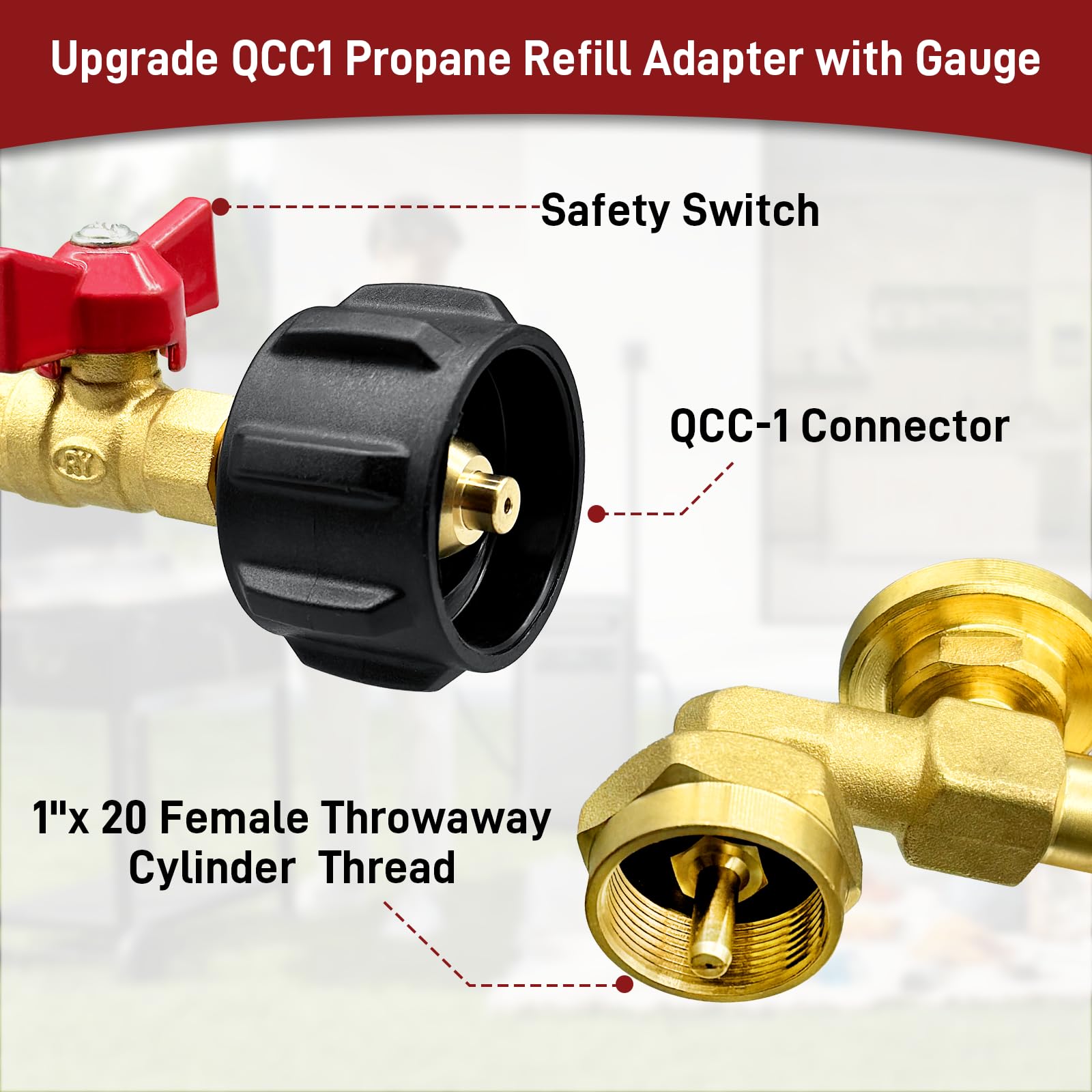 Upgraded Refill Adapter for 1 lb. Tanks, Propane Refill Adapter 20lb to 1lb Converter with Valve and Gauge, QCC1 Propane Adapter for Refillable Propane Cylinder 1 lb,90 Degree Elbow Design,for Camping