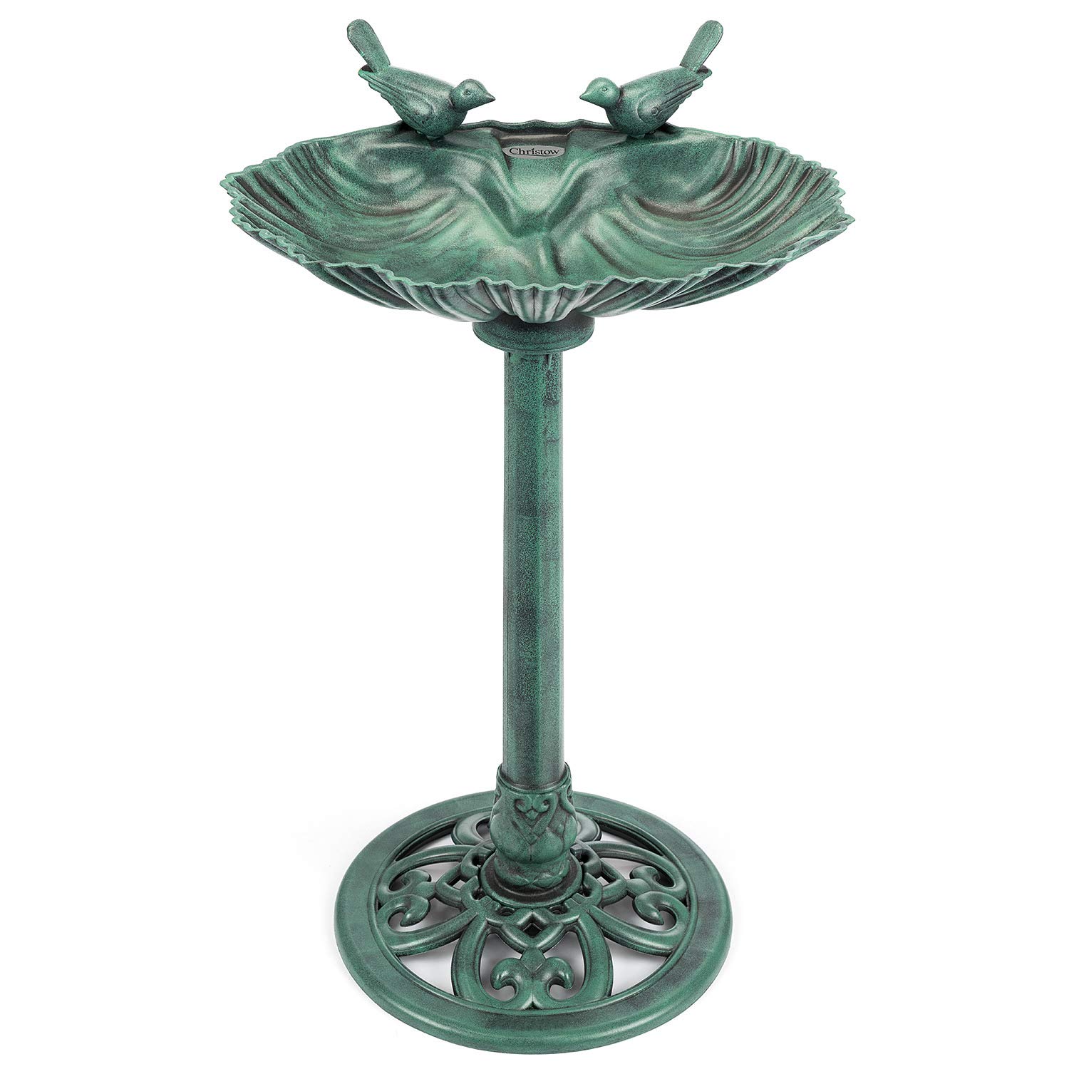 CHRISTOW Plastic Resin Bird Bath for Garden, Clam Shell Pedestal Birdbath, Traditional Style, Rustic Metal Effect, Standing Outdoor Water Bowl Feeder, 80cm x 50cm x 38cm (Green) — image 1
