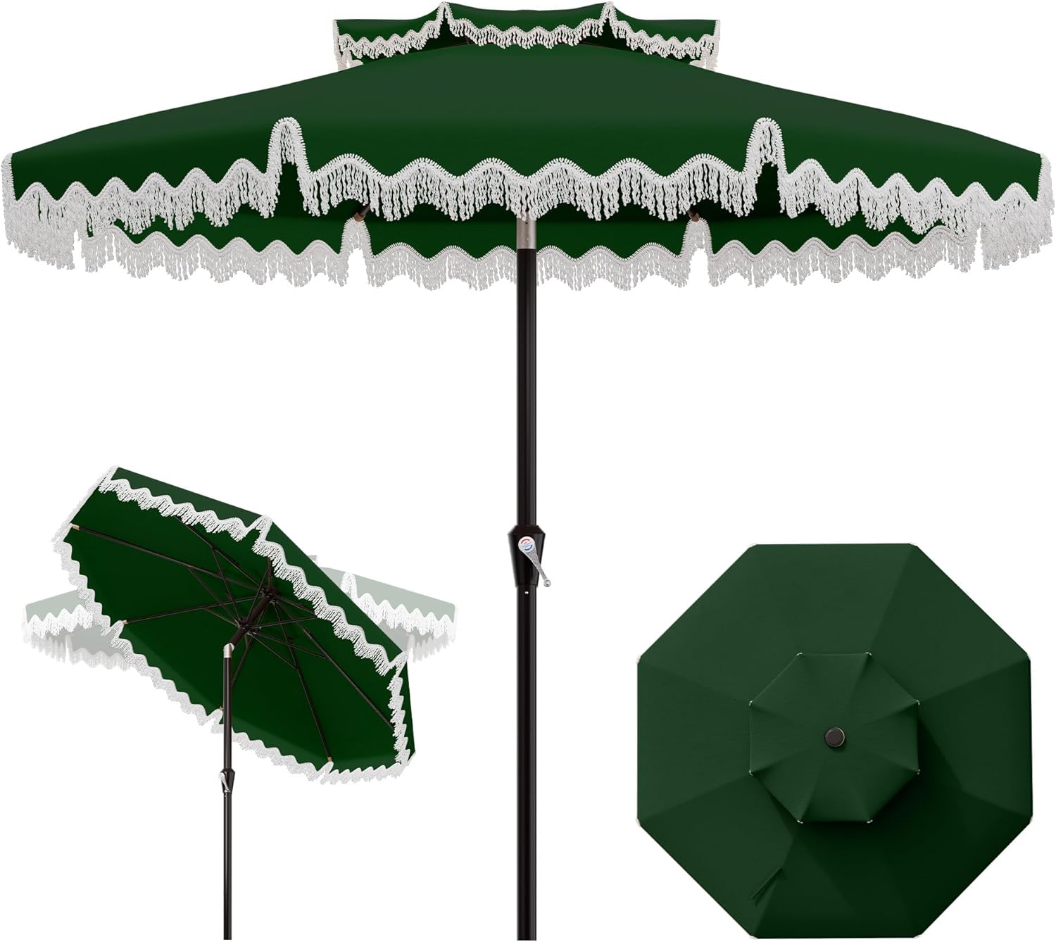 AreShark 9FT Patio Umbrella with Fringe, Wind-Resistant Fiberglass 8 Ribs Tassel Outdoor Umbrella with Crank and Push Button Tilt, Double Tier Vent Sun Shade for Pool, Deck, Backyard, Dark Green