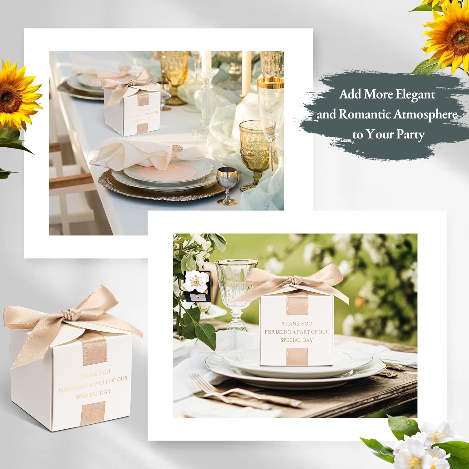 Marspark 50 Pcs Wedding Favor Boxes, 2.5 x 2.5 x 2.5 Inch Wedding Party Candy Boxes with Ribbons Bridal Gift for Guests Bridal Shower Birthday Party Anniversary Supplies(Gold) - Image 6