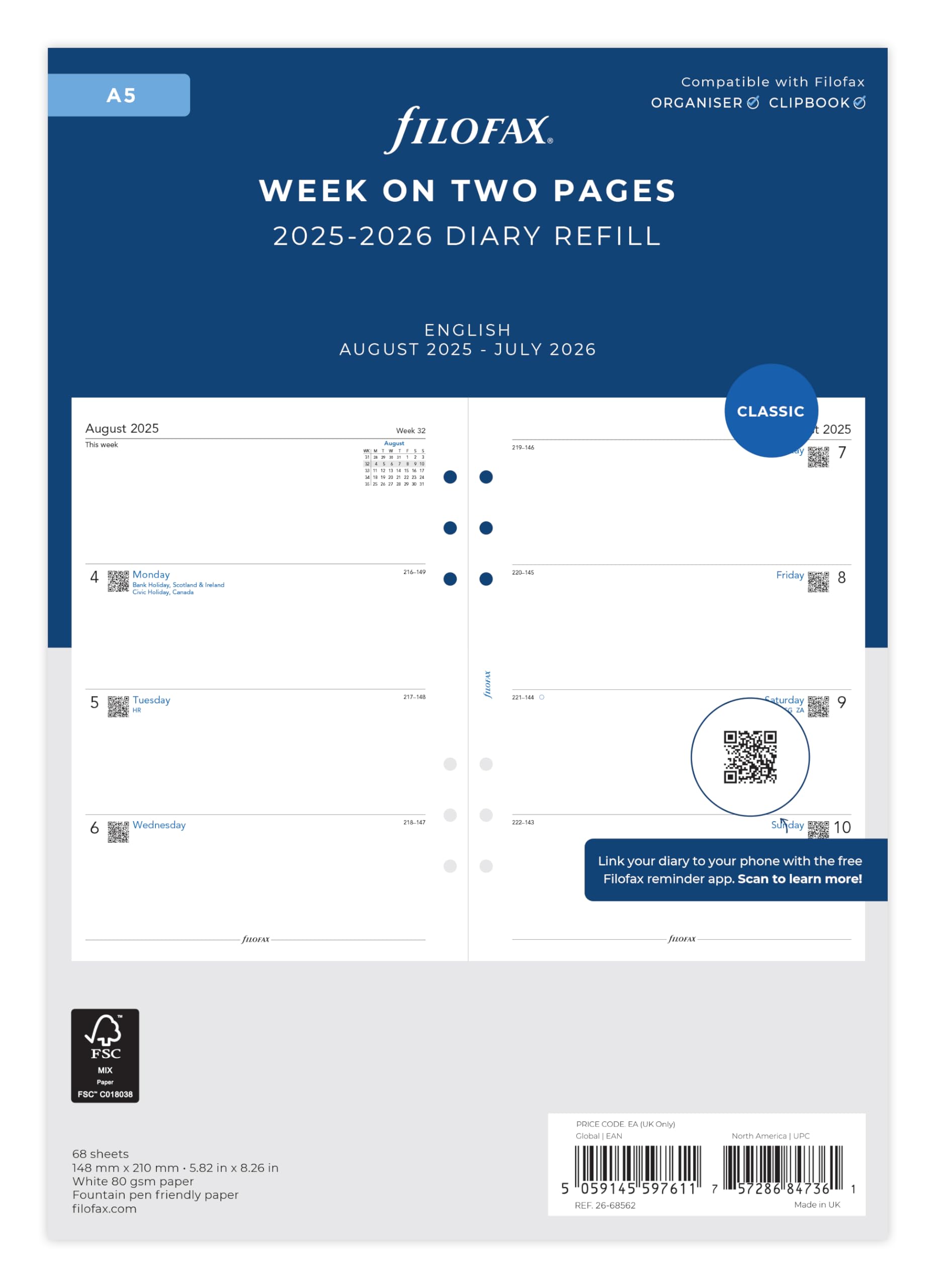Filofax A5 week on two pages mid year diary August 25 to July 26 26-68562