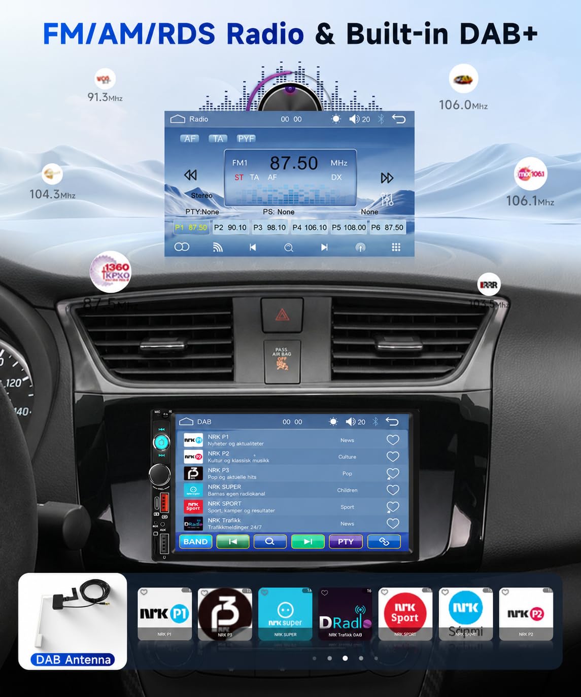 Hodozzy DAB/DAB+ Autoradio 2 Din Wireless Carplay Android Auto con 7 Pollici Schermo Stereo Auto Bluetooth con Uscita Video/RDS/FM/USB/AUX/TF+Telecamera Retromarcia