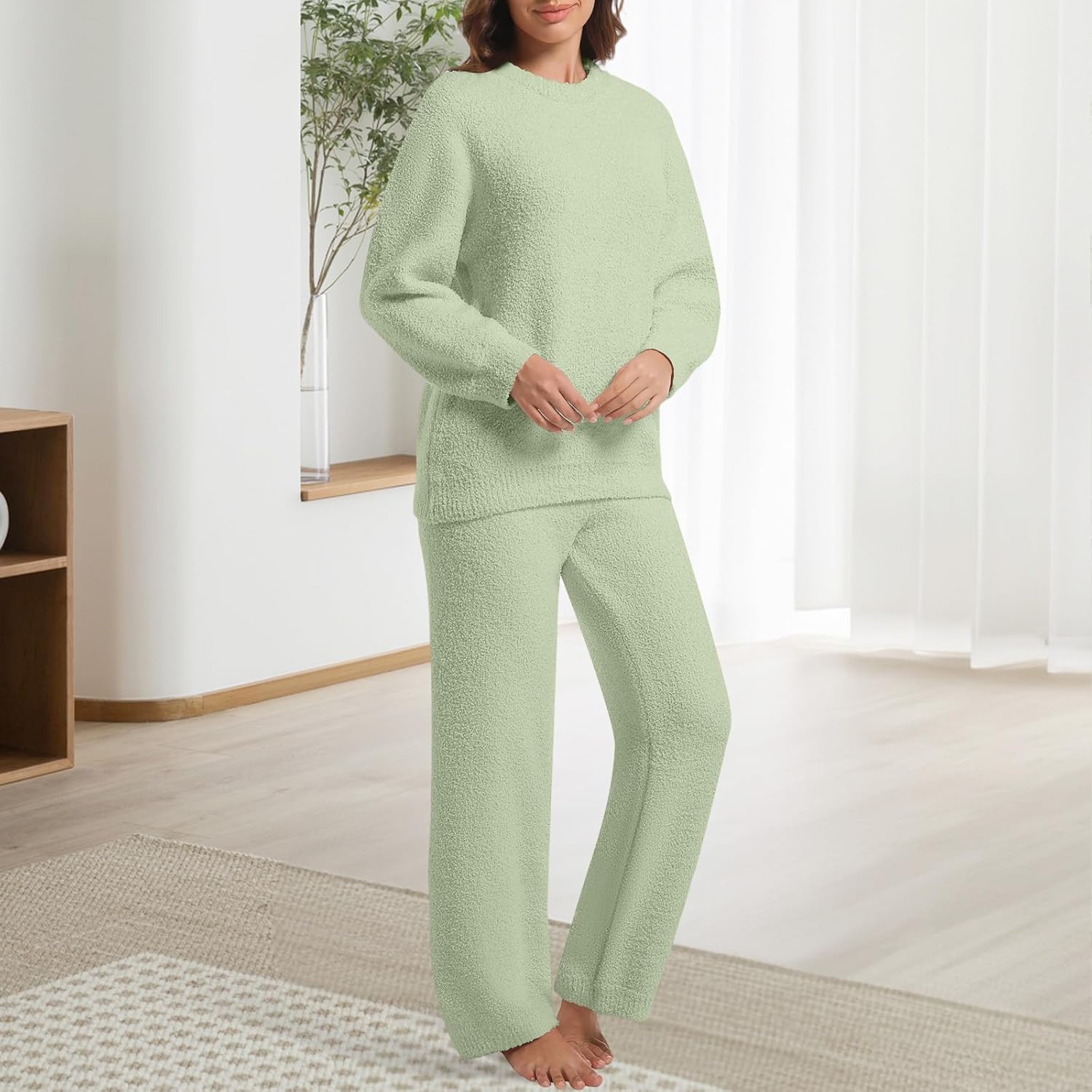 2 Piece Fleece Pajamas for Women Set Loungewear Outfits Knit Sweater Womens Long Sleeve Fuzzy Pajama Sets - Image 6