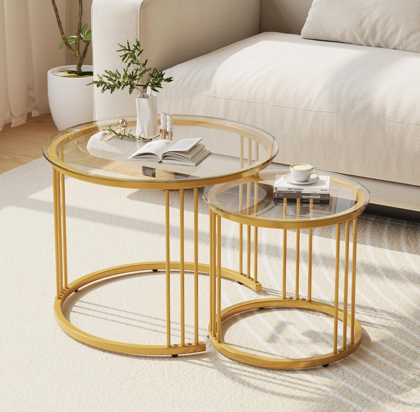 Garden 4 you Nesting Coffee Table, 23.6" Round Coffee Table Set of 2, Glass Nesting Table with Metal Frame, Ceter Tables for Living Room Bedroom Balcony, Gold Gold Glass