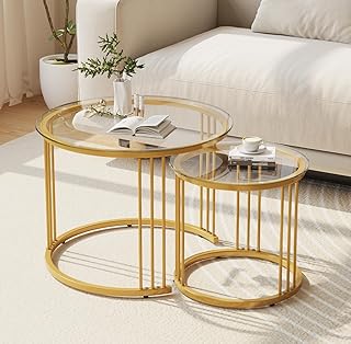Garden 4 you Nesting Coffee Table, 23.6" Round Coffee Table Set of 2, Glass