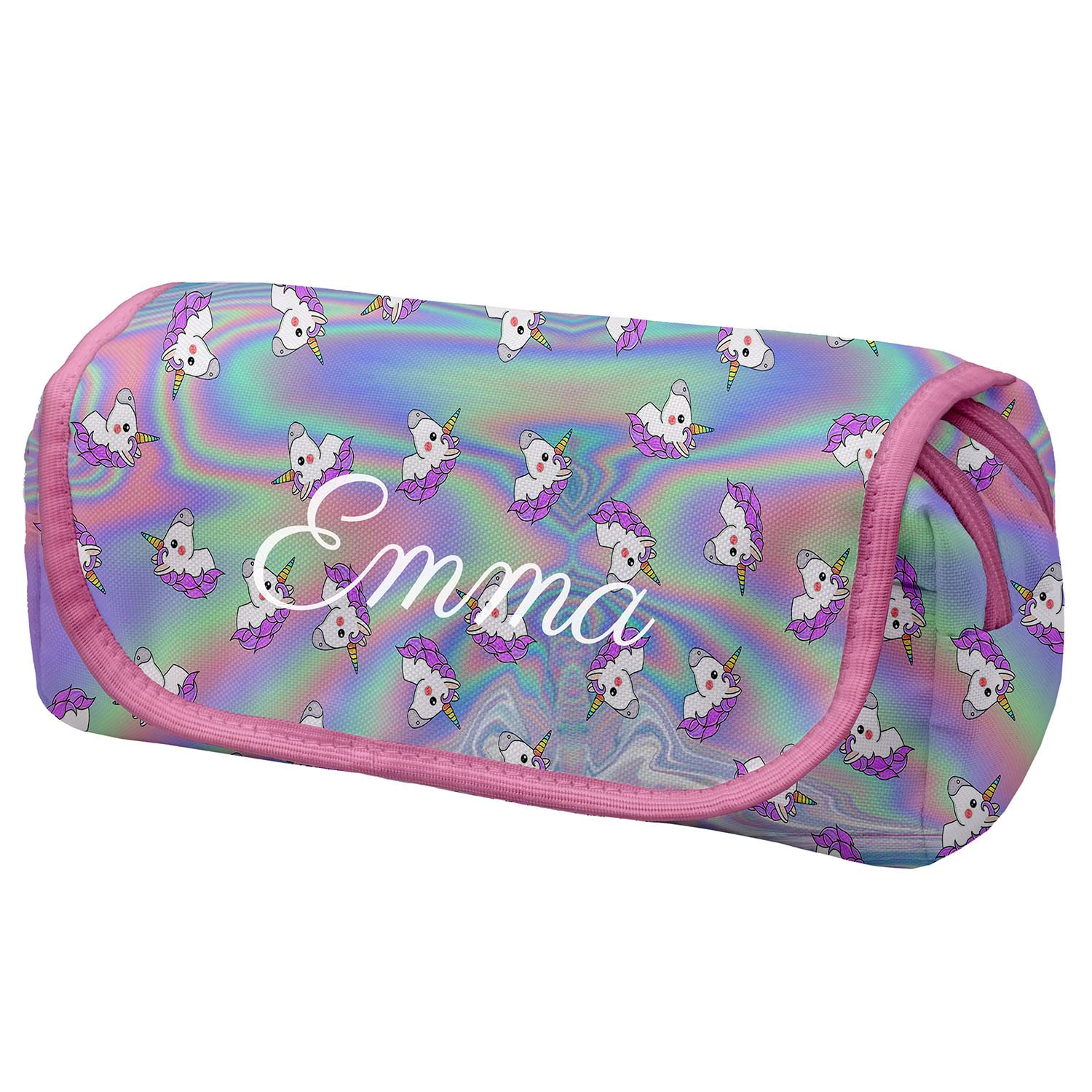 Personnalisé Trousse scolaire pour les Filles 2 compartiments avec Rabat et Nom Sac a Crayon Trousse de toilette Trousse Plumier Organisateur Holo Unicorn [151]
