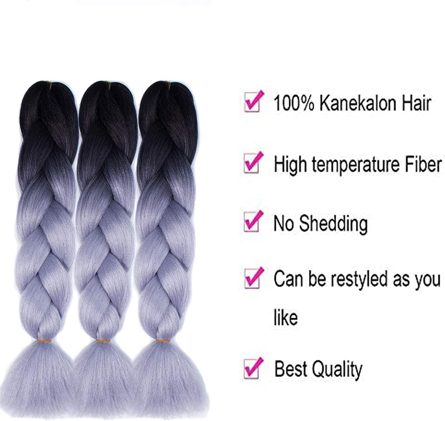 FanYu 3 Pcs /300g 24'' Braiding Hair Extensions Two Ombre Braiding Hair Synthetic Braid Hair Extensions (black -grey) - Image 3