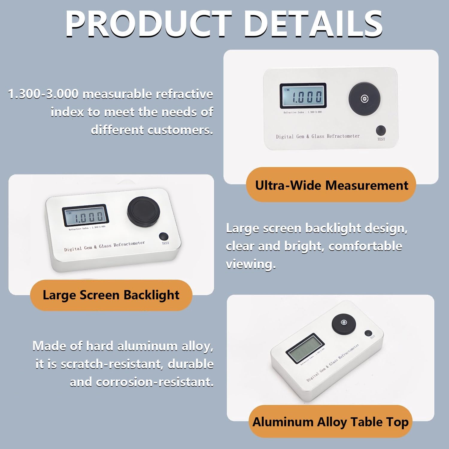 Digital Refractometer & Gem Tester, Refractive Index 1.300-3.000, LCD Display, 700mAh Battery, ±0.005 Accuracy, Ideal for Diamonds, Jewelry, Jade & Crystals