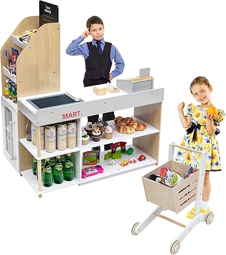 Miniatura 9 de HONEY JOY Juego de tienda de comestibles para niños, juego de madera con carrito, soporte de caja registradora con monedas, pizarra, juguete de