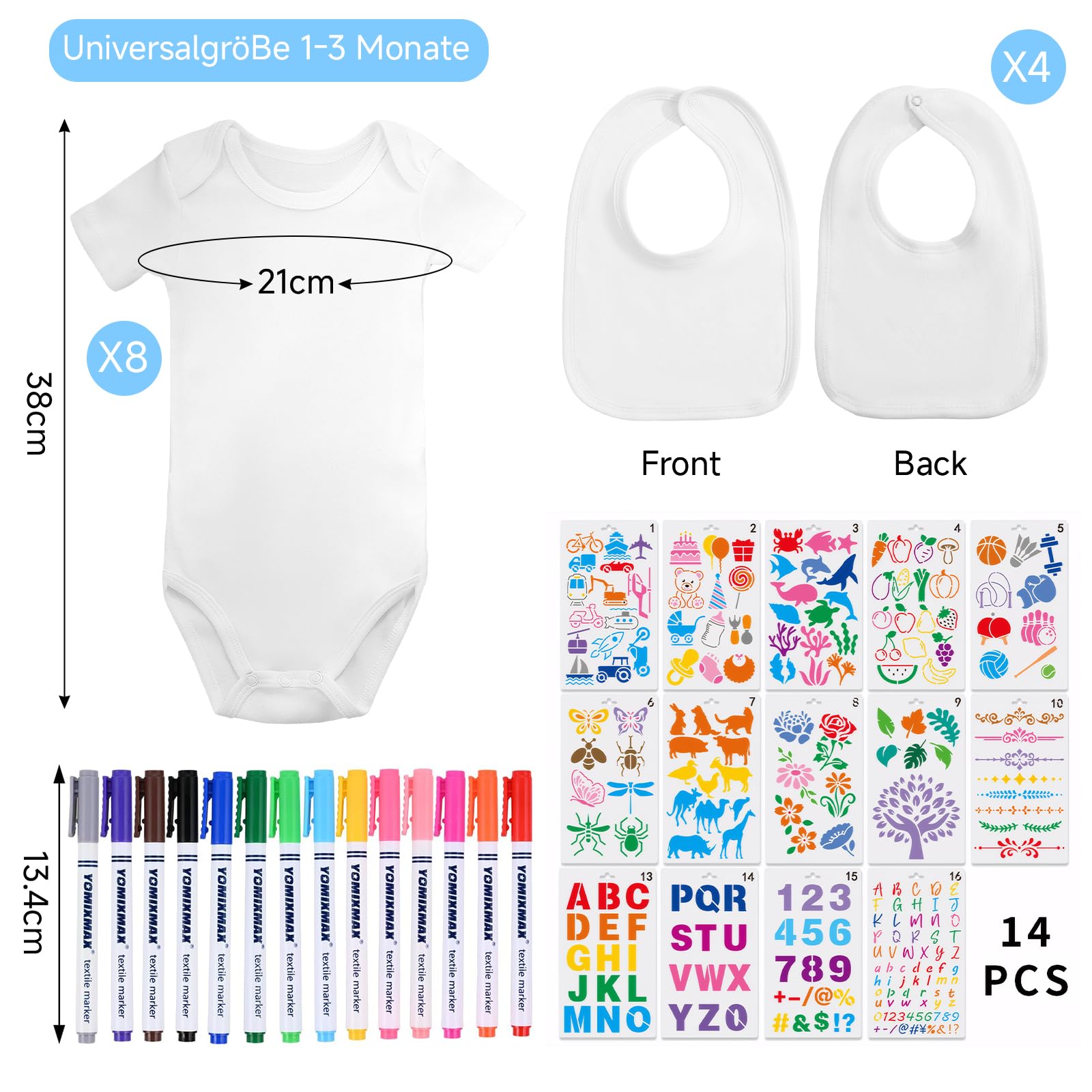 Baby Lätzchen zum Bemalen Set 12 Stück – 8 Baumwoll Bodys Kurzarm & 4 Doppellagige Lätzchen, 14 Textilstifte & Vorlagen für Babyparty Spiele