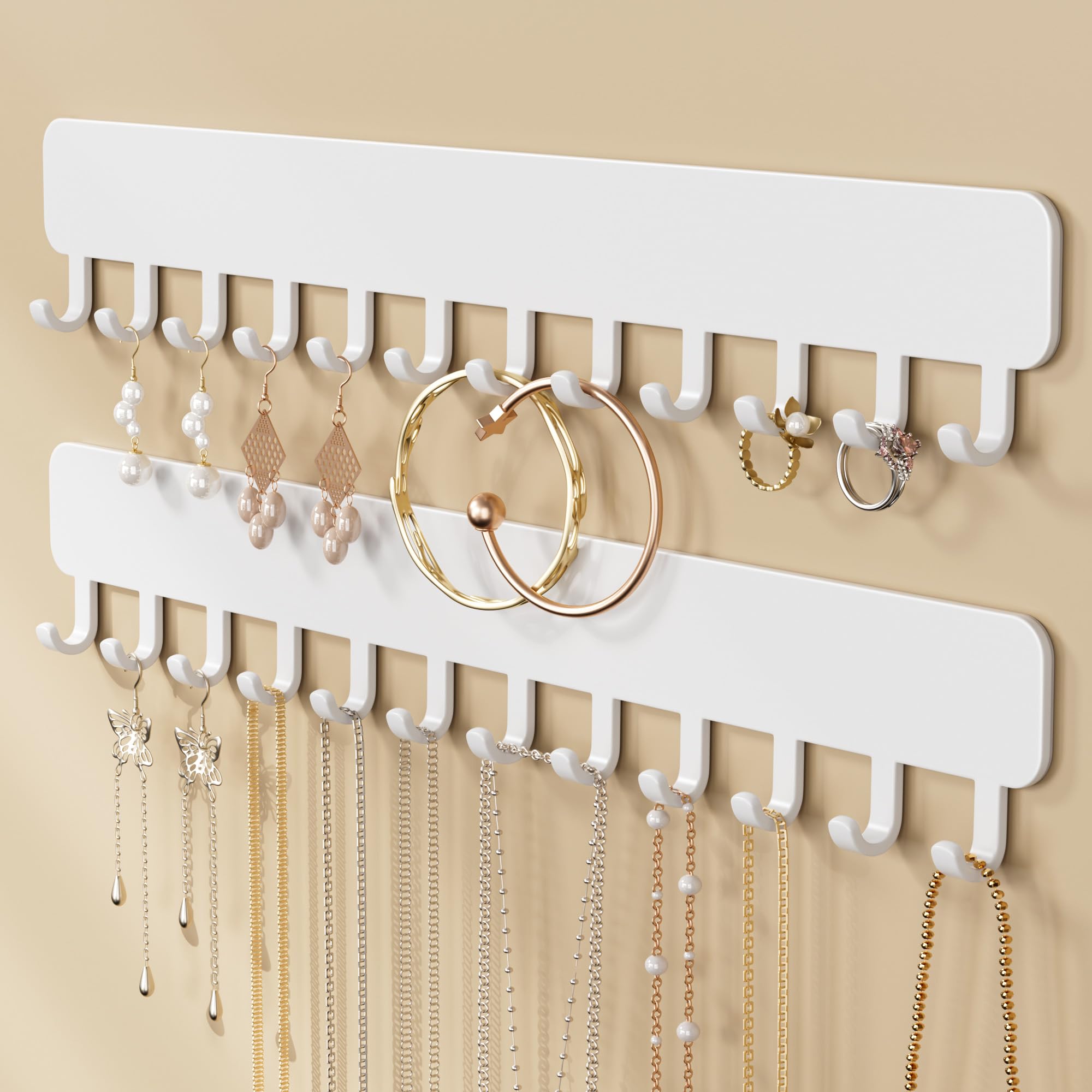 Josmimic Organizador de joyas para colgar en la pared, autoadhesivo, con ganchos para collares, pulseras, pendientes, solución de exhibición y almacenamiento para mujeres, 2 unidades, color blanco