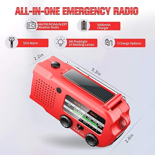 Miniatura 4 de iRonsnow Radio meteorológica de emergencia de 5000 mAh, manivela solar portátil NOAA AMFM con conector de auriculares, cargador de teléfono USB,