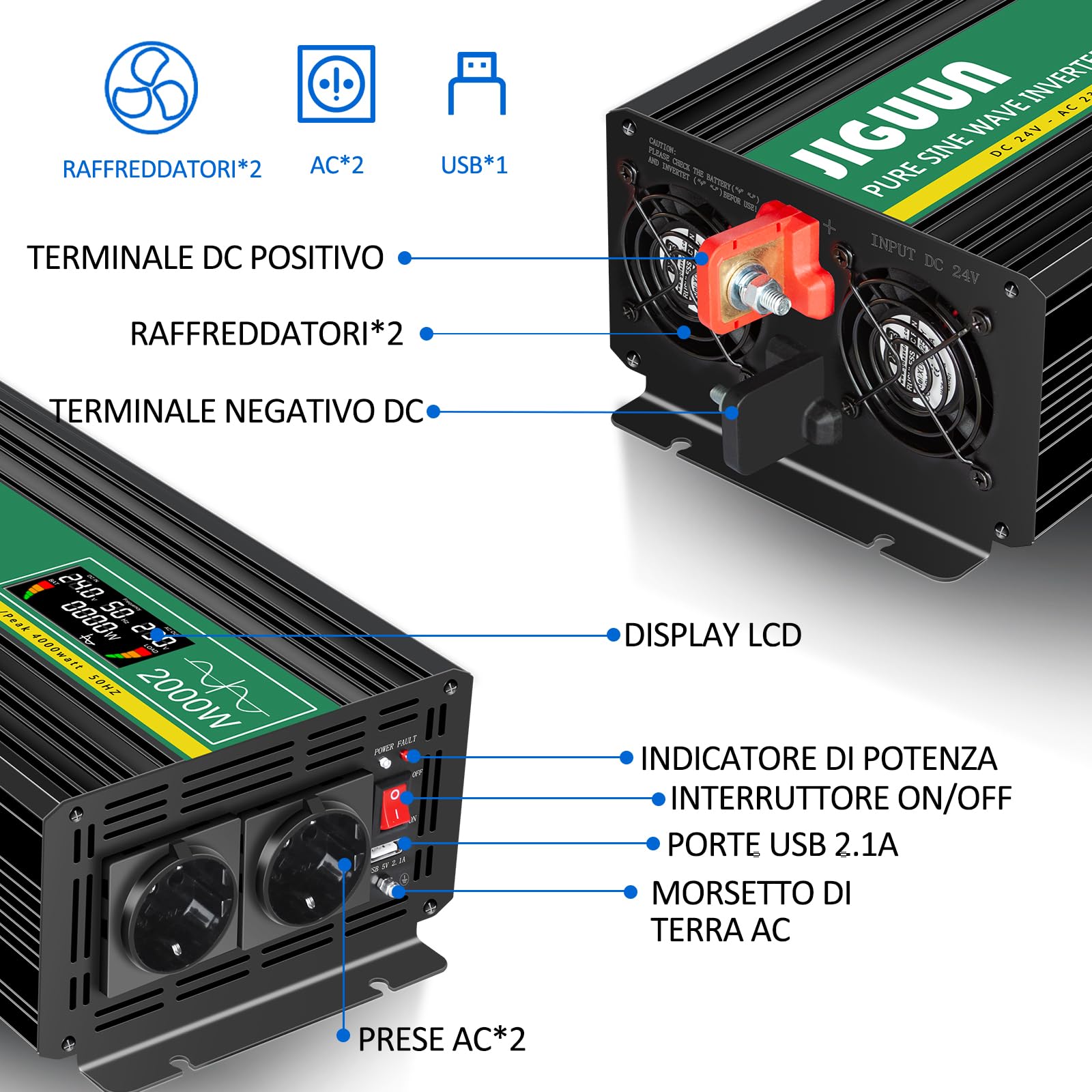 JIGUUN 4000W Convertisseur 24V 220V Pur Sinus Avec Chargeur 20A Et