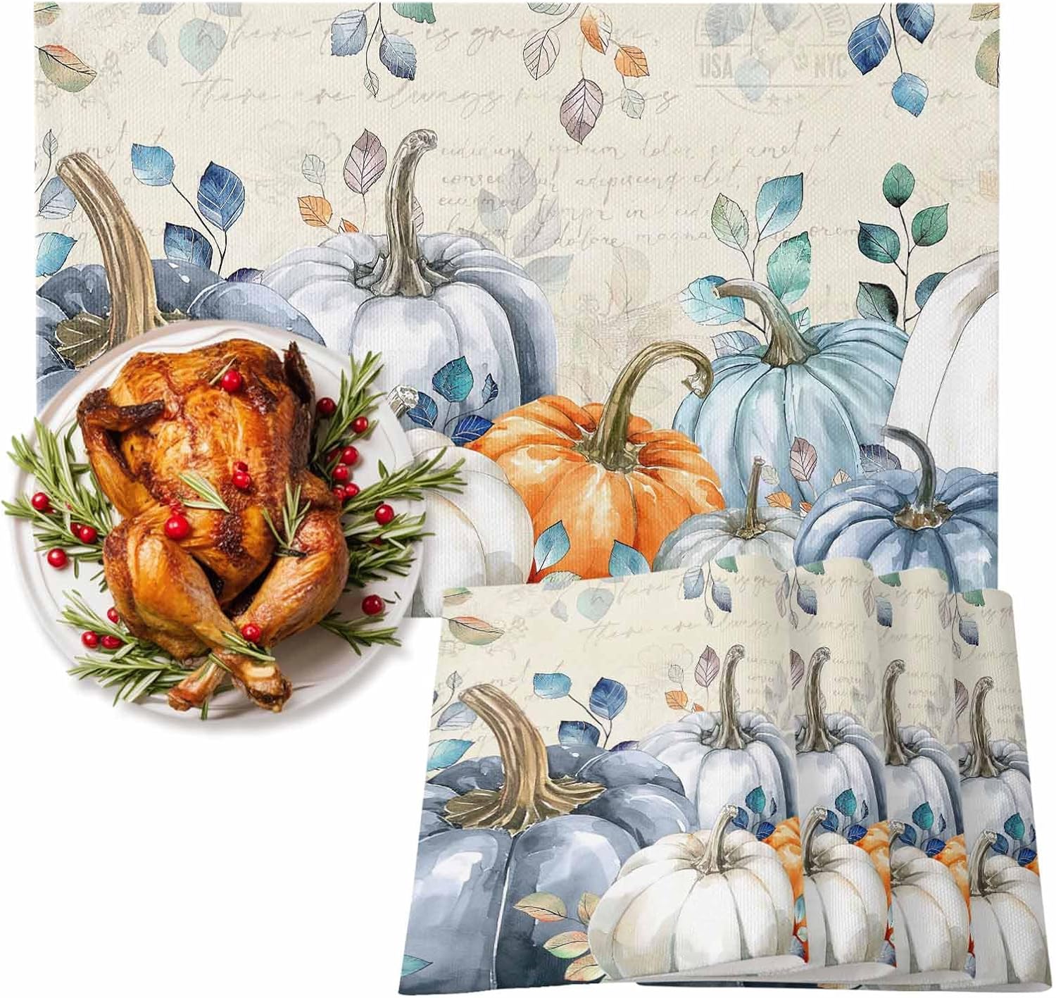 Fall Placemats Set of 6, Blue Pumpkin Placemat for Dining Table Decorations, Cotton Linen Autumn Place Mats, Teal Leaves Table Mats for Kitchen Dinner Harvest Thanksgiving Holiday Party Decor